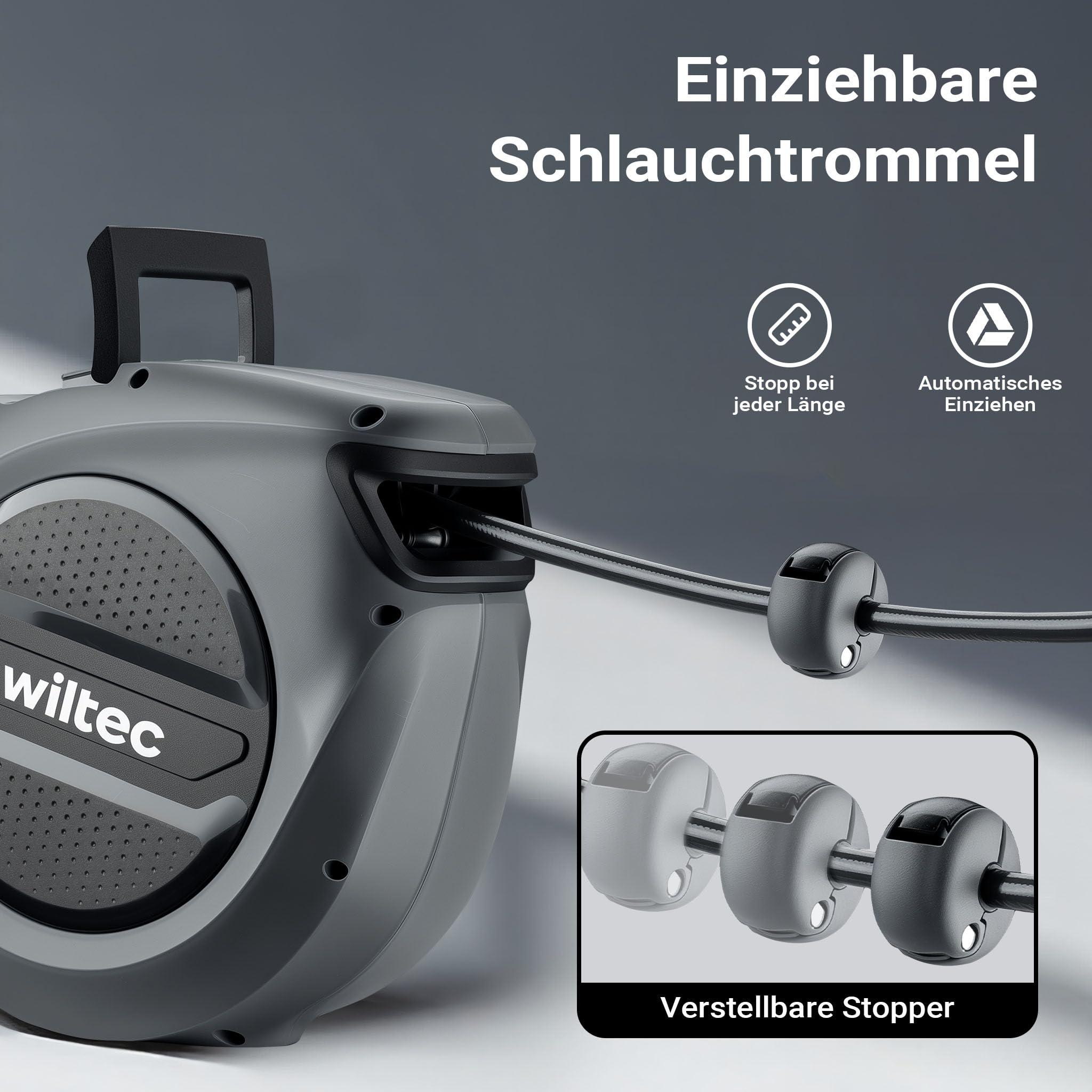 Wiltec Druckluft Schlauchtrommel 15 m, automatische Druckluftschlauchtrommel Stahl, 17 bar Drucklufttrommel, Schlauchaufroller mit 180° Halterung