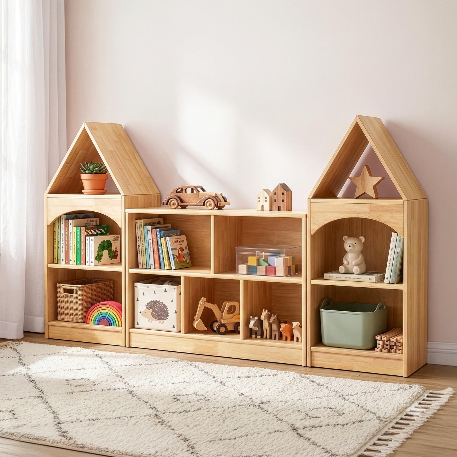 OOOK Estantería infantil de madera de goma, para juguetes, con 2 compartimentos grandes y 3 compartimentos pequeños, estantería para habitación infantil, sala de juegos y guardería, 90 x 30 x 60 cm