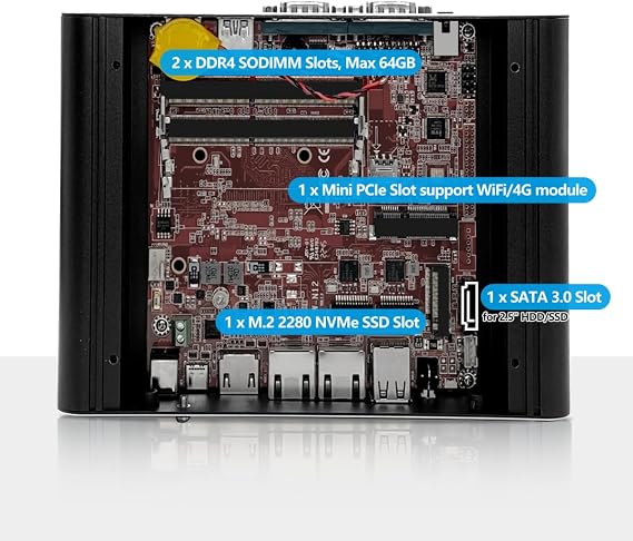 Celeron N5105 Mini PC 4K Dispaly, Fanless Industrial Computer with 2 x i225V 2.5GbE LAN, Dual COM Micro Desktop PC with WiFi5/BT4.2/Type-C, Barebone (No RAM/SSD/System)