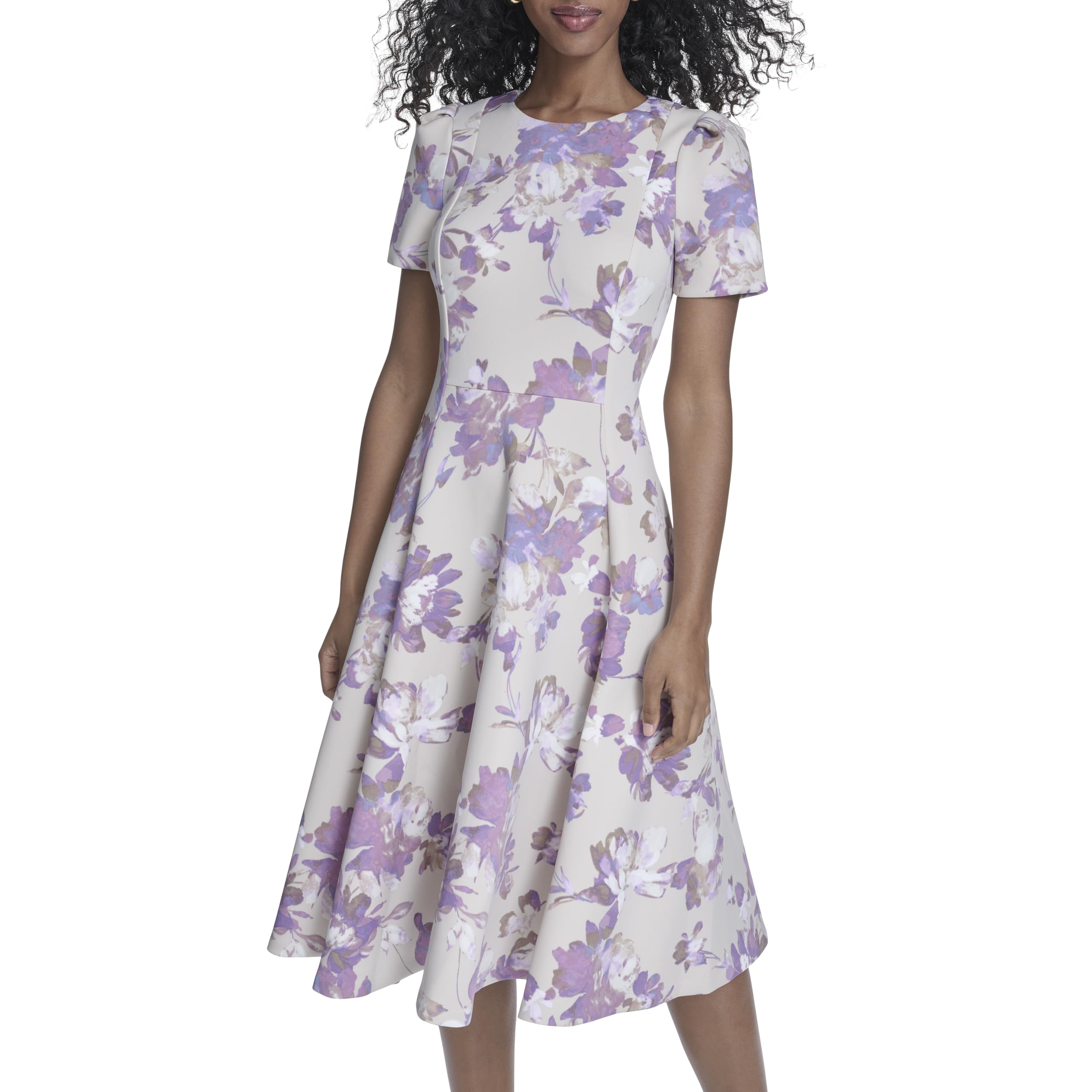 Women's Short Sleeve Round Neck Knee Length Crepe A-Line Dress