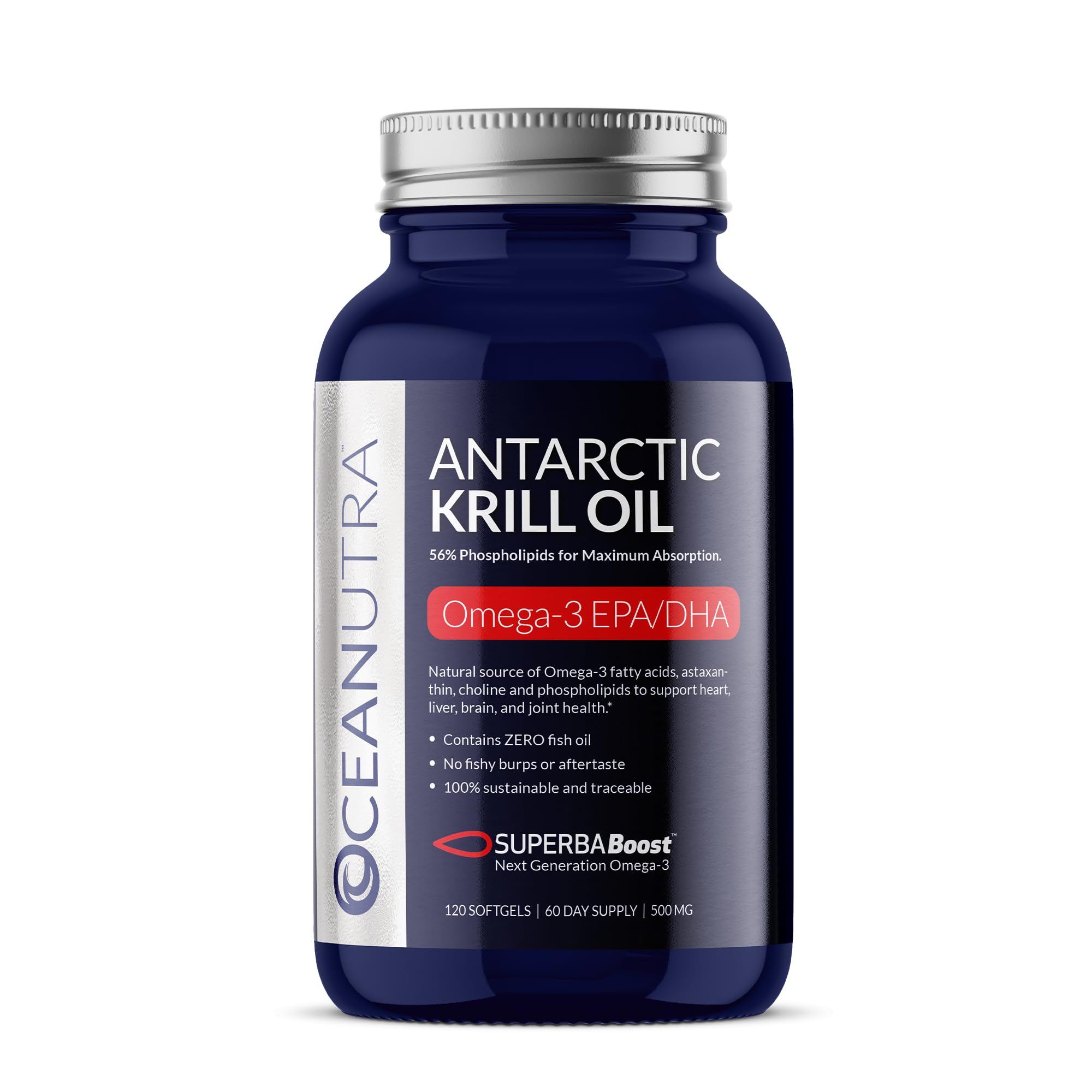 Wild Caught Antarctic Krill Oil 500mg Softgels, SuperbaBoost Omega 3 Supplement, EPA & DHA, Astaxanthin, Choline, 56% Phospholipids, Sustainable, No Fish Oil, Vanilla Flavor (60-Day Supply)