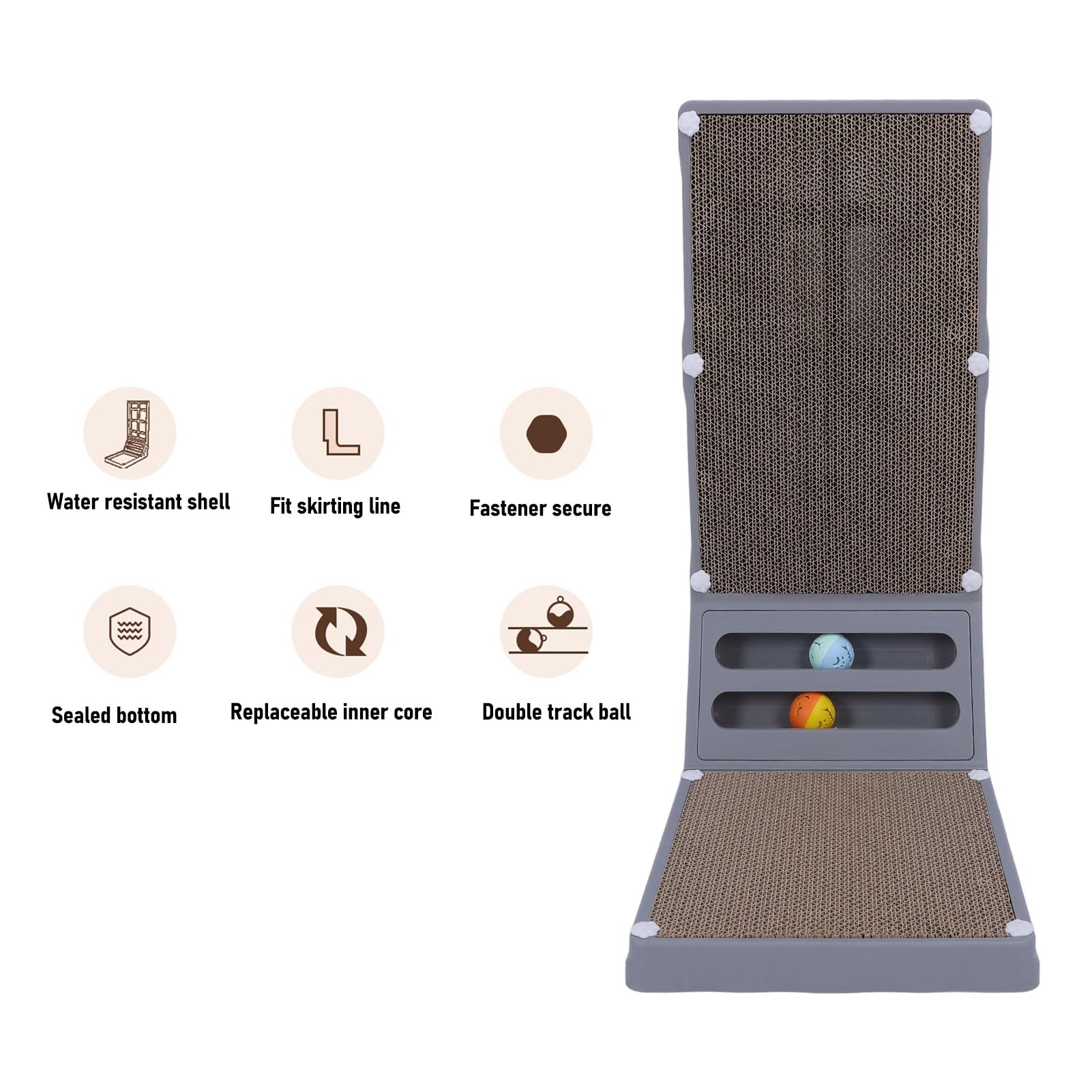 Rascador Vertical de cartón en Forma de L, 23.62 Pulgadas, con Bolas de Hierba gatera incorporadas, rascador de cartón con Bola para Gatos de Interior, tamaño Grande (Grey)