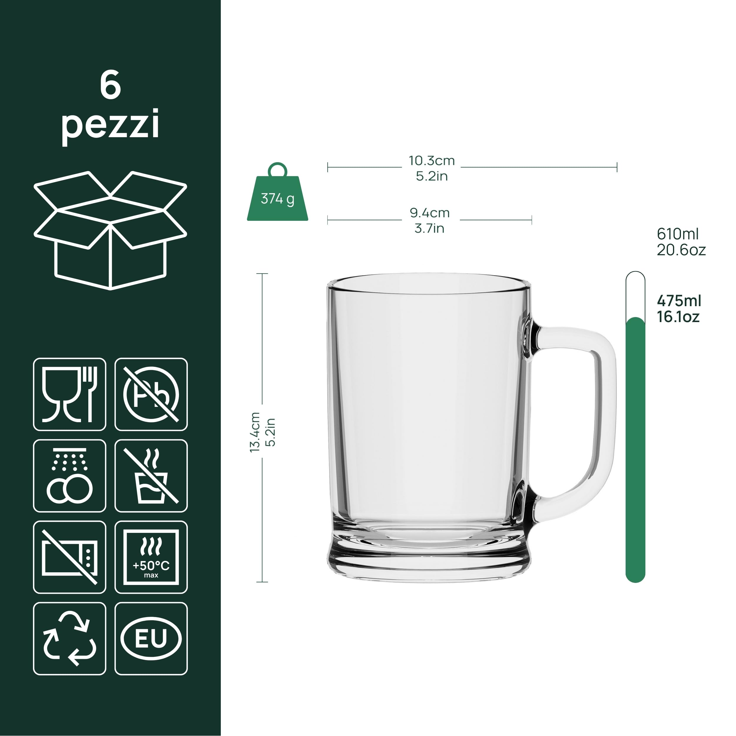 TREND FOR HOME Boccale Birra con Manico, 500 ml, Set da 6 Boccali Birra Set Bicchieri Birra Vetro Trasparente 0,5L, Lavabile in Lavastoviglie, Collezione Ulf