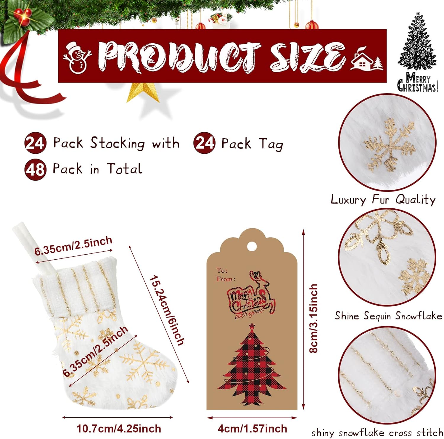 24 Set Mini White Christmas Stockings Set with Gold Sequin Snowflake 6 Inch Faux Fur Xmas Hanging Bulk Stocking Small Plush Xmas Stocking with Christmas Kraft Gift Tags