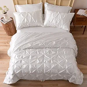 MR&HM Satin Comforter California King 7 Pieces Ivory - Luxurious Pinch Pleat Bedding Set with Comforter, Flat Sheet, Fitted Sheet, Pillowcases & Shams, Super Silky Soft Bed Set for All Season