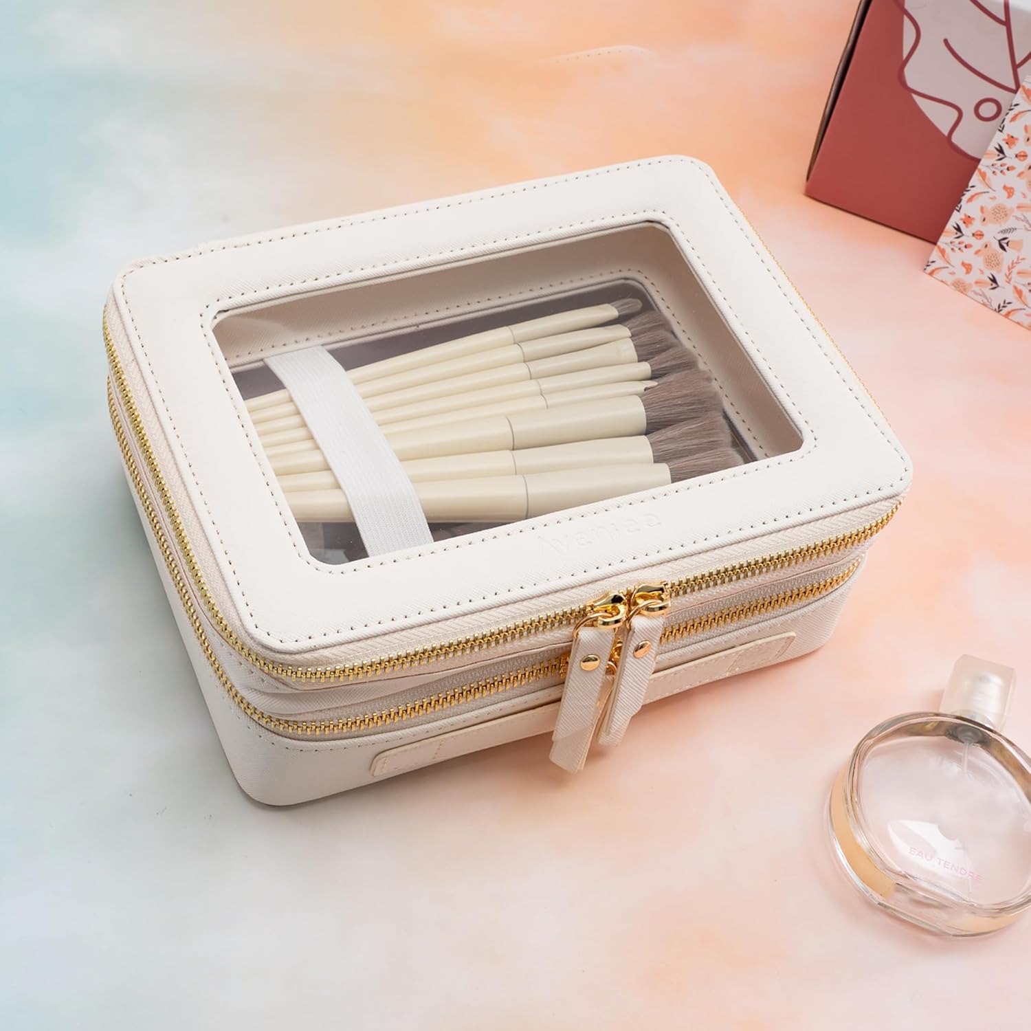 Aveniee Large Clear Makeup Bags, Double Layer Cosmetic Bags with Separate Brush Compartment, Travel Toiletry Bag Cosmetic Train Case, Travel Accessories Organizer for Women(2 Layers, White) - Image 4