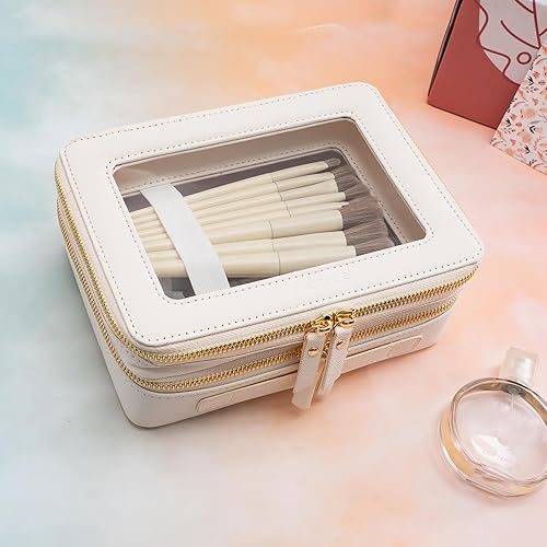Miniatura 4 de Bolsa de maquillaje transparente con cremallera y asa, bolsa de viaje transparente portátil para mujeres y hombres, Blanco sucio, Moda