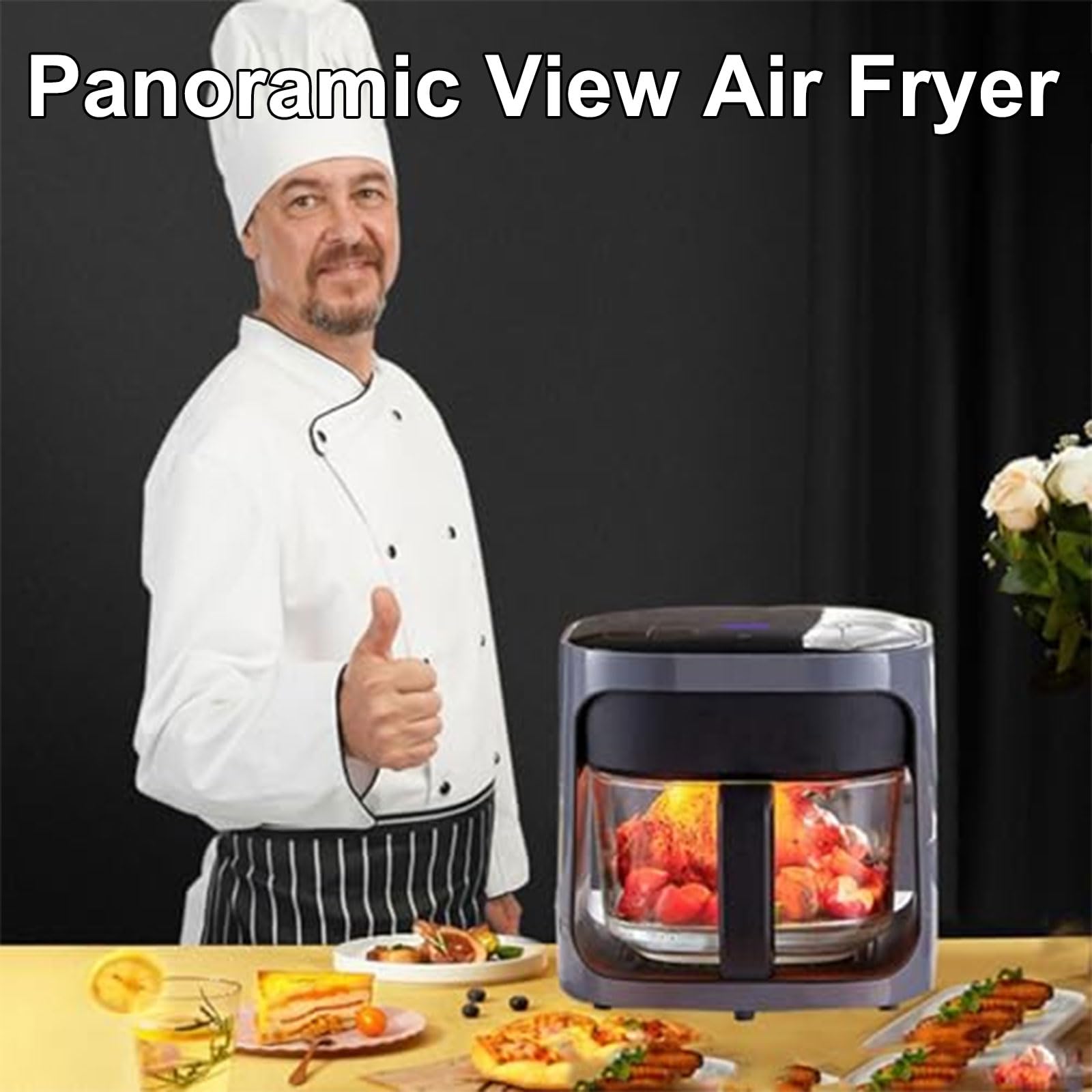 1200W Glass Air Fryer 6L, Transparent Freidora de Aire de Cristal with 7 Pre-Programmed Modes, 120-200℃ Oil-Free Fast Frying Ove