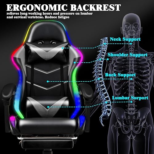 Miniatura 7 de Silla de Juegos con Luces LED RGB de Estilo Carrera, Sillas de Juego para Adultos y Niños, Silla Gamer con Masaje Lumbar, Silla de Computadora de