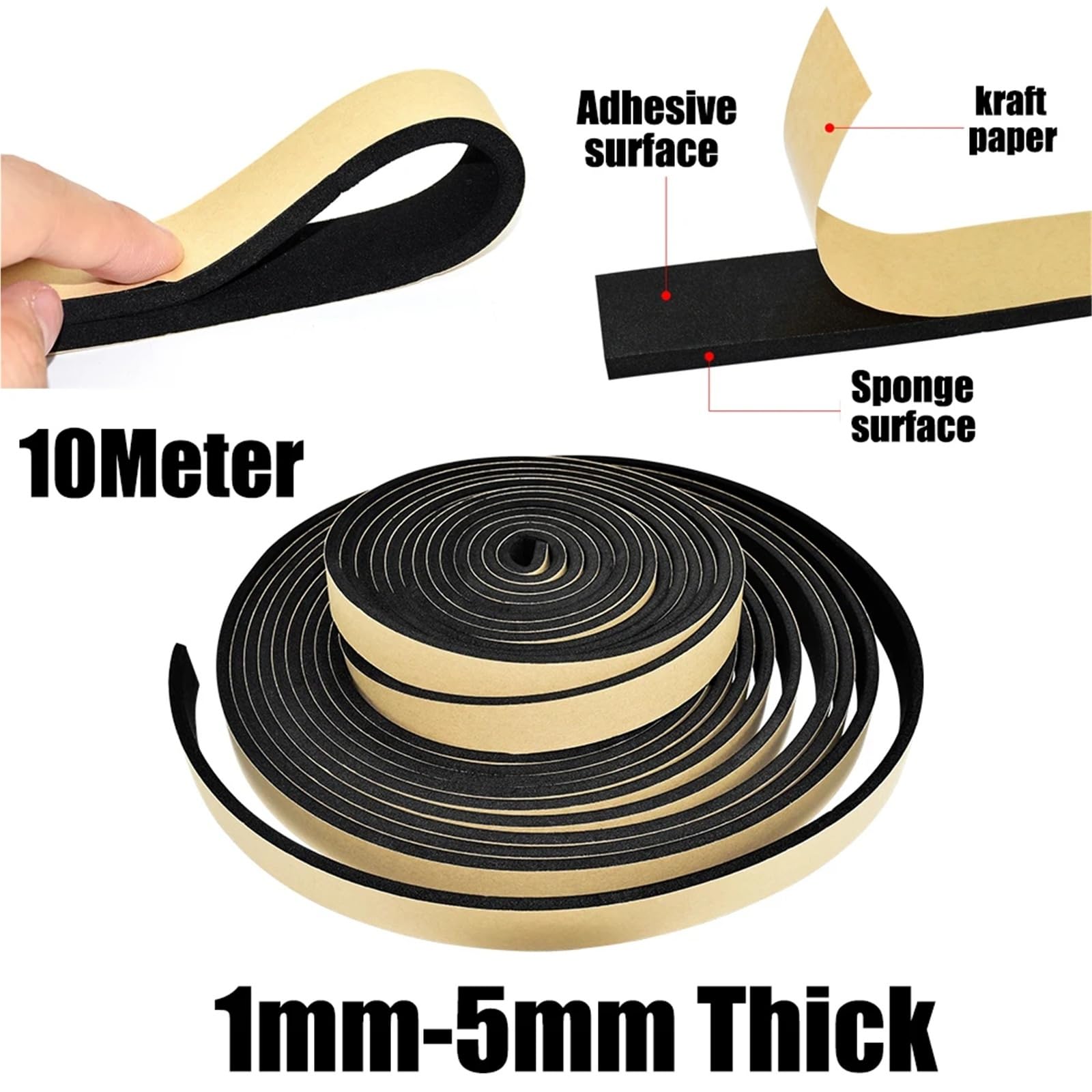 Cinta de espuma autoadhesiva para burletes, Cinta autoadhesiva de sellado espuma neopreno, espesor negro 1-50mm, ancho 10-40mm, longitud 10m(THICKNESS 10MM-40MM)