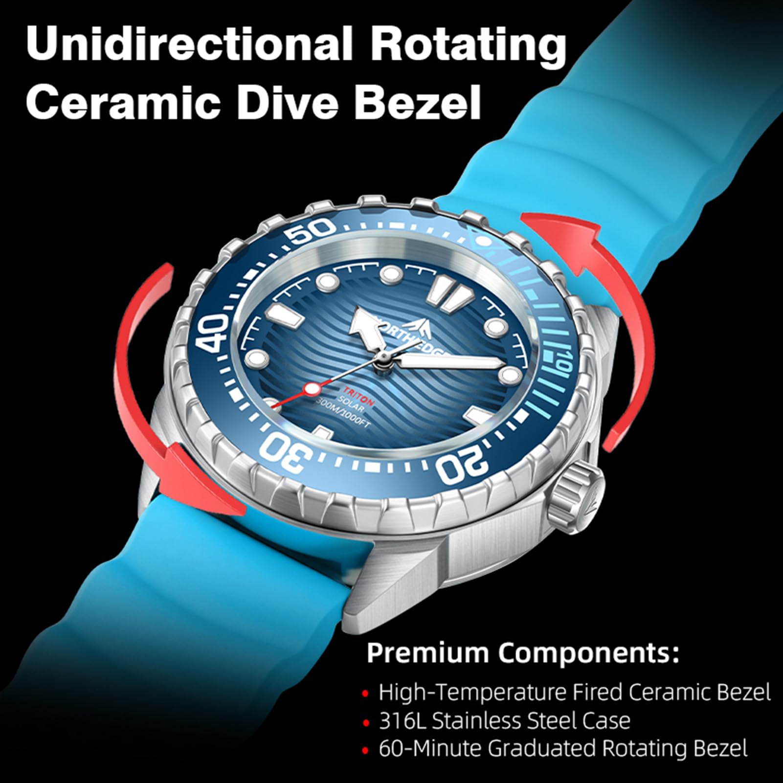 Dpofirs Solar Montre de Plongée 300m Étanche Illumination Rapide Homme Femme