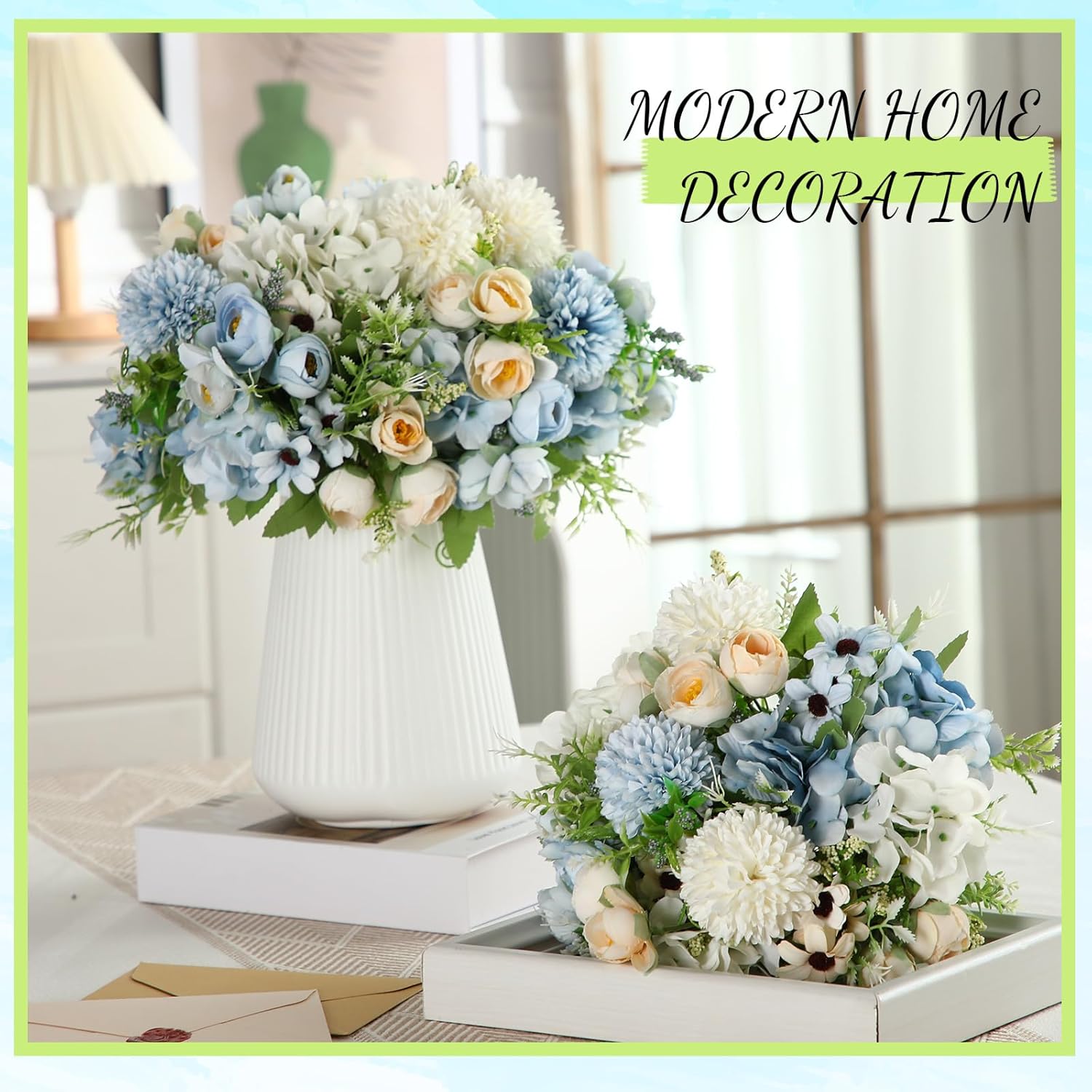 Tigeen 12 Bundles Peonies Artificial Flowers Faux Roses Silk Flowers Hydrangea Artificial Bouquet for Wedding Table Centerpiece Floral Vase Home Office Bridal Decor (Champagne White,Blue) - Image 3