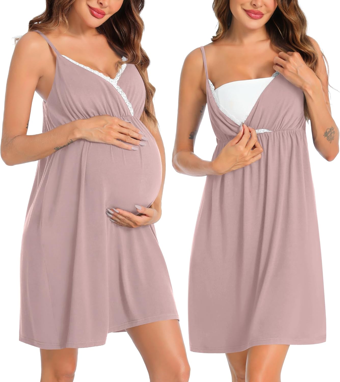 SWOMOG Womens Maternity Robe 2 Piece Nursing Nightgown for Breastfeeding 3 in 1 Labor Delivery Nursing Dress Lace Bathrobe - Image 3