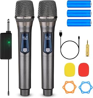 Karaoke Wireless Microphone System Audio Dual Cordless Dynamic Handheld Mic With Rechargeable Mic And Receiver,For Karaoke Singing,Church,Rap Vocals,Singing Recording,Wedding, Party,DJ,Sperkers