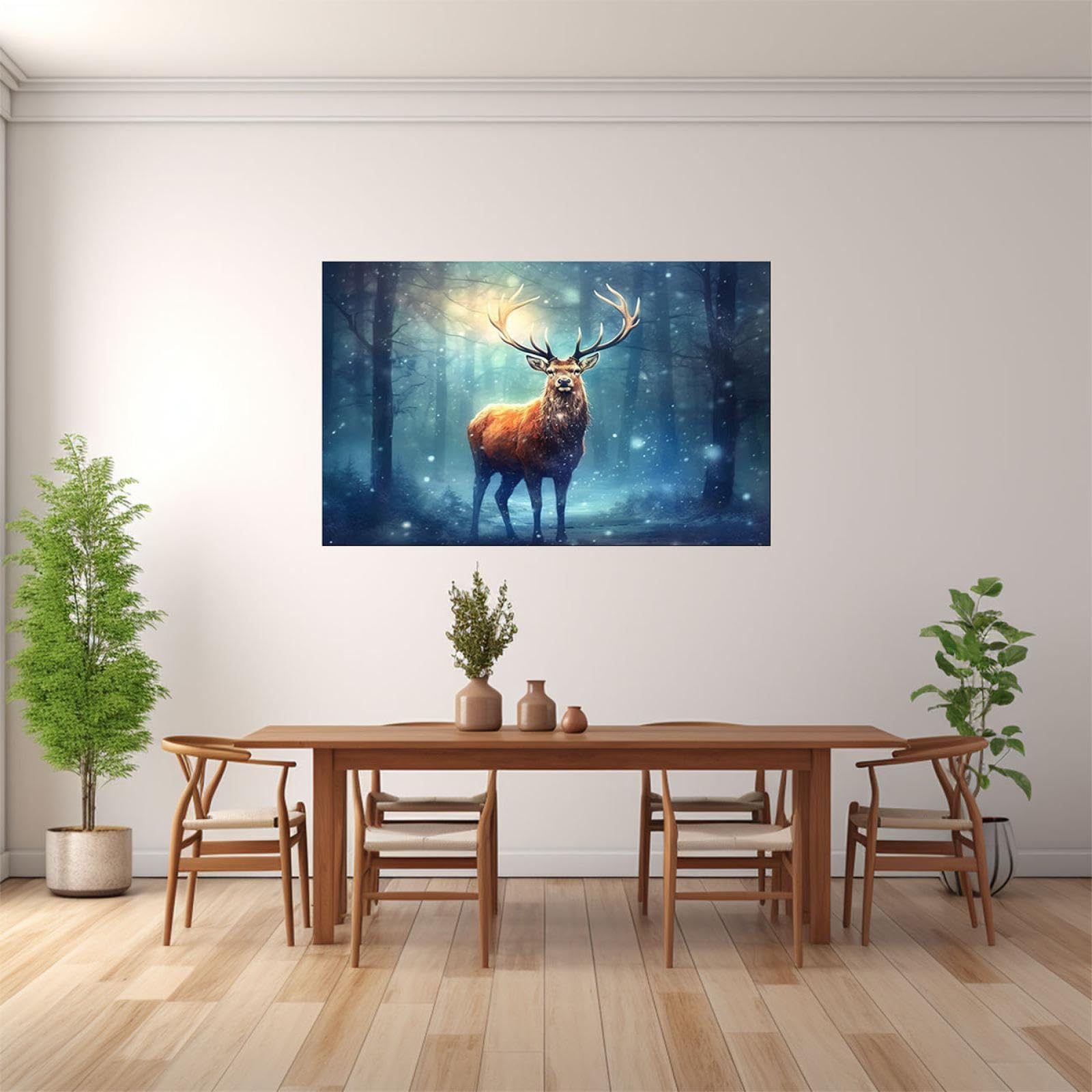JOSUE Tier Bilder Aesthetic Leinwand,Abstrakter Winterwaldhirsch Blau Weiss Modern Kunstdruck Wanddeko Wandbilder Wohnzimmer-75x115cm Ungerahmt