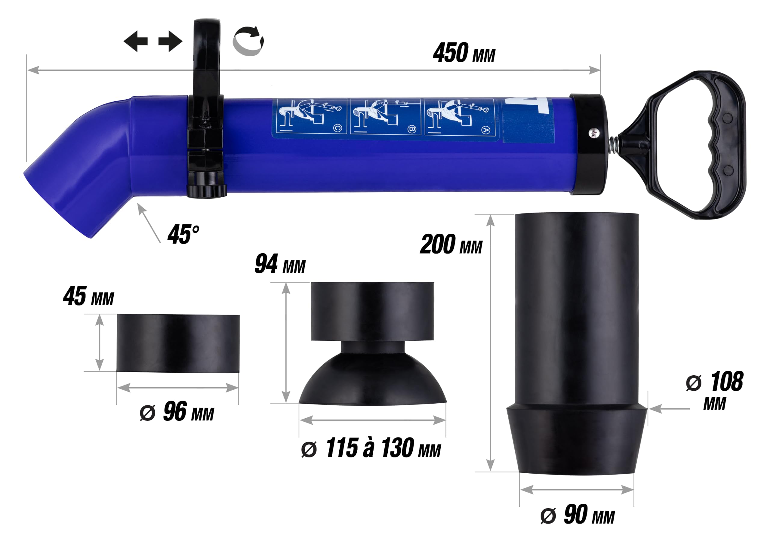 Déboucheur à pression PRO avec 3 embouts – Pompe de débouchage WC, évier, lavabo, douche et canalisation – Déboucheur sanitaire sans produit chimique NOYON & THIEBAULT
