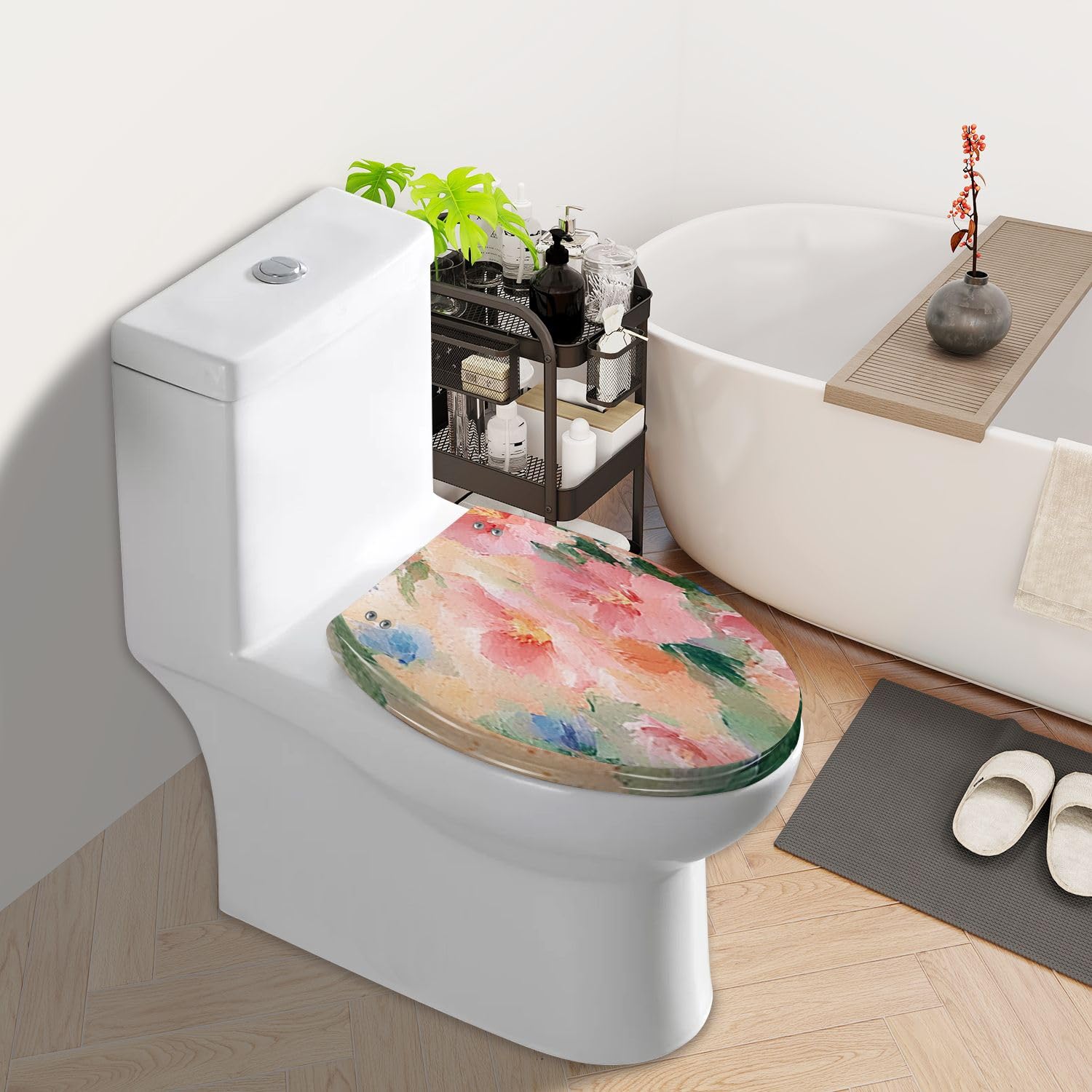 Asiento de inodoro alargado, flor abstracta de aceite, resina Vintage, cierre silencioso, cubierta de bisagras de liberación rápida, instalación fácil de limpiar