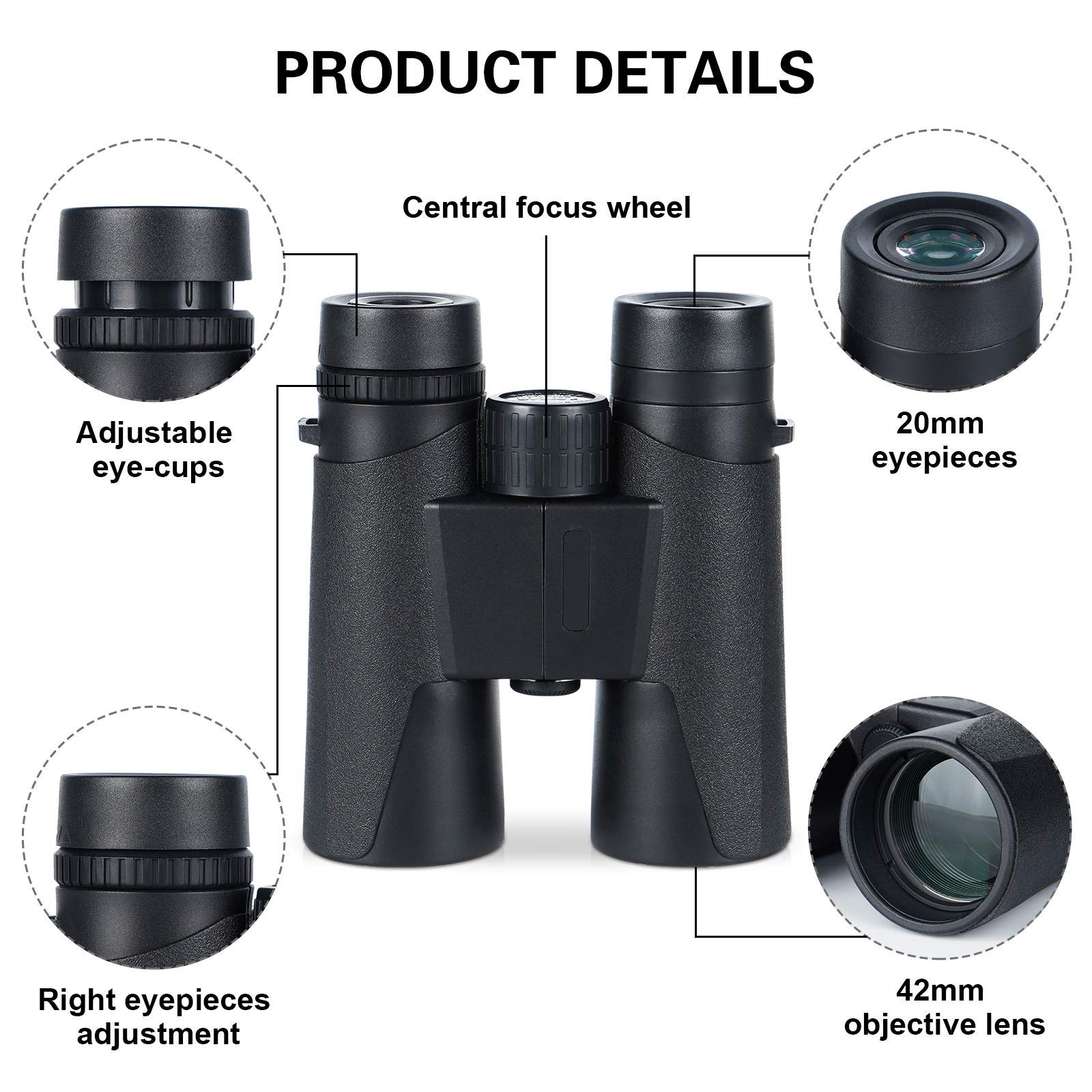 Binocolo 10x42 HD for adulti e bambini, binocolo da caccia impermeabile con obiettivo BAK4 Prism FMC, binocolo portatile e compatto for birdwatching, caccia, concerti, viaggi, regalo for la festa del