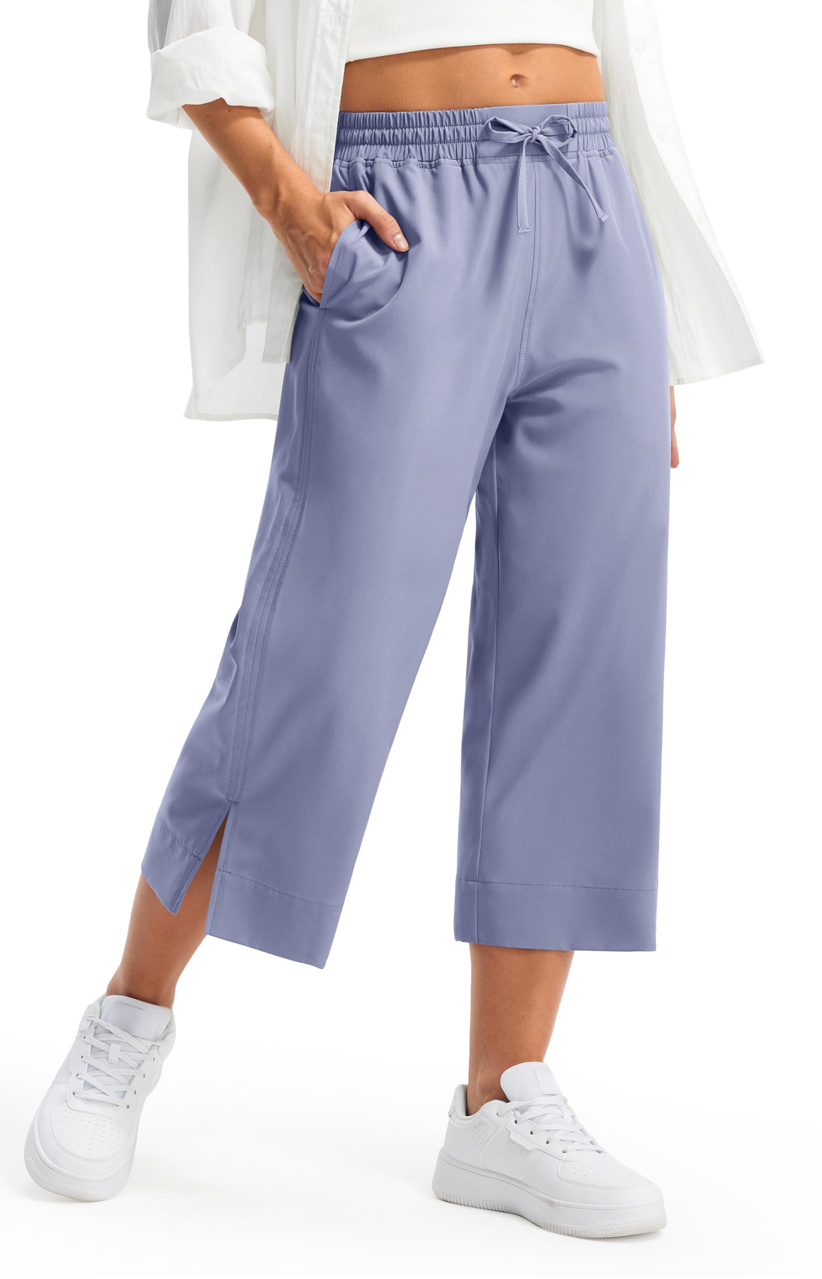 Libin Lightweight Wide Leg Capri Pants for Women High Waisted Quick Dry Casual Travel Pants Loose with Pockets Walking