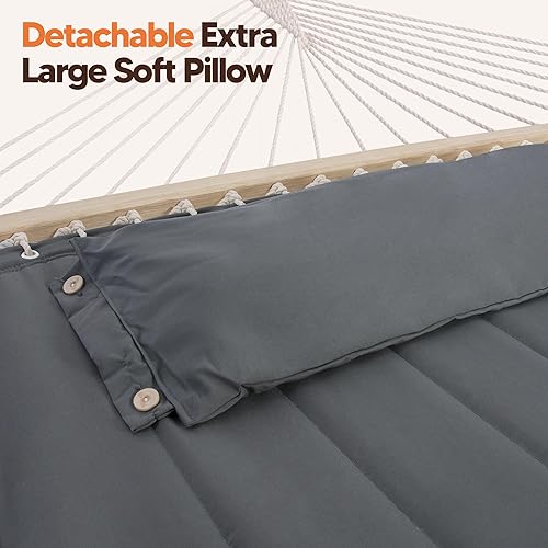 Miniatura 7 de SUNCREAT Hamaca doble con soporte de 12 pies, luces solares incluidas, hamaca al aire libre para exterior, gris oscuro