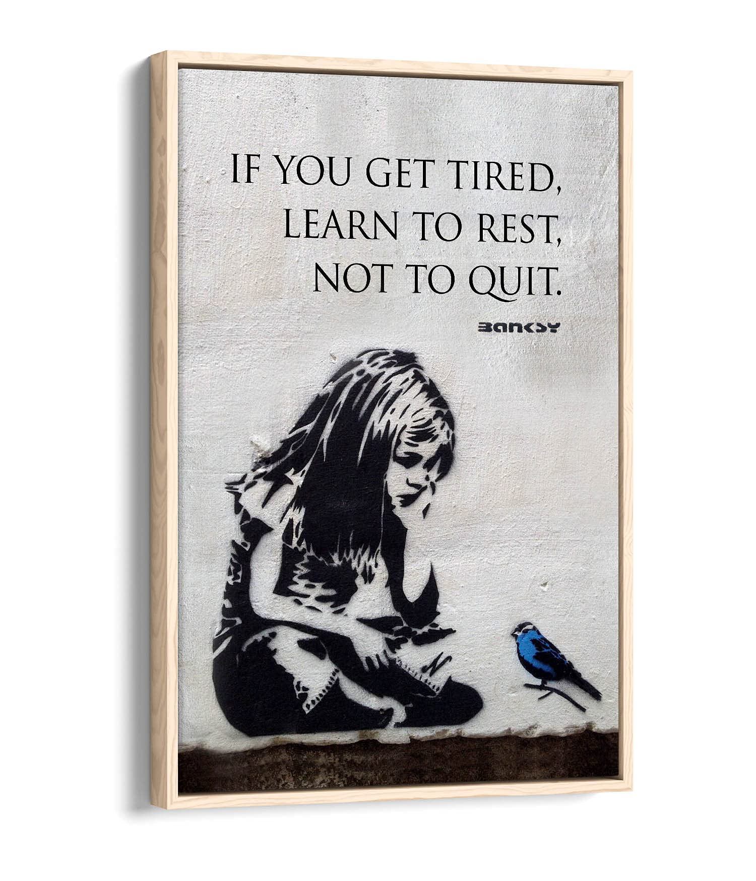 Canvasartshop Girls Oak - Banksy Blue Bird Quote Portrait- Float Effect Framed Canvas Wall Art Picture Print (, 36X24)