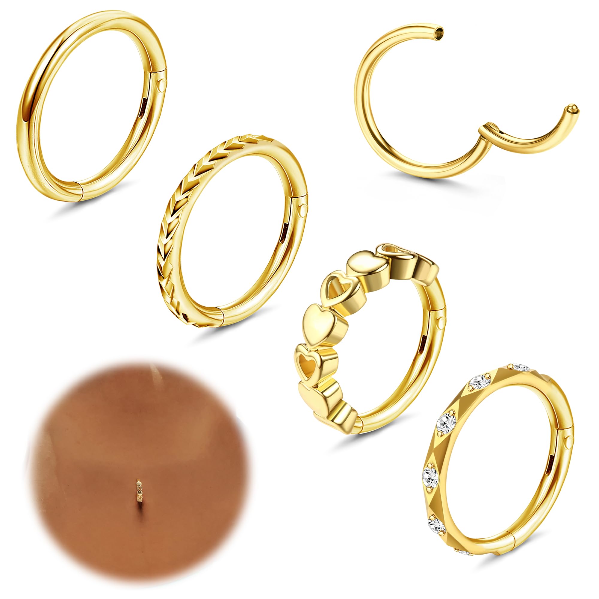 Adramata 4Pcs 14G Piercing Ombligo Acero Quirurgico Piercing Ombligo Aro Corazón Infinidad Hipoalergénica Septum Piercing Helix Cartílago Oreja Piercing Plata Oro Piercing Ombligo para Mujer