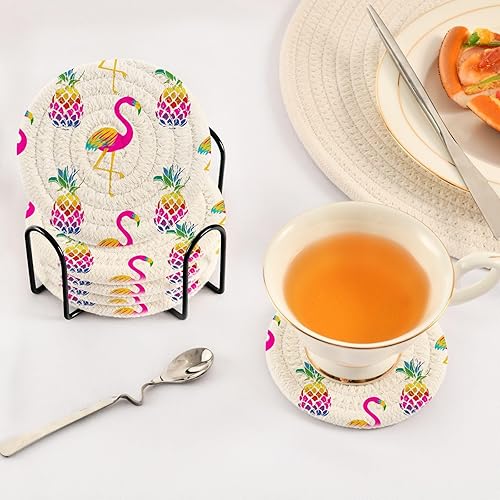 Miniatura 5 de Coasters with Holder Set of 6 Coasters for Drinks Coasters Porta Vasos para Mesas Neon Flamingos
