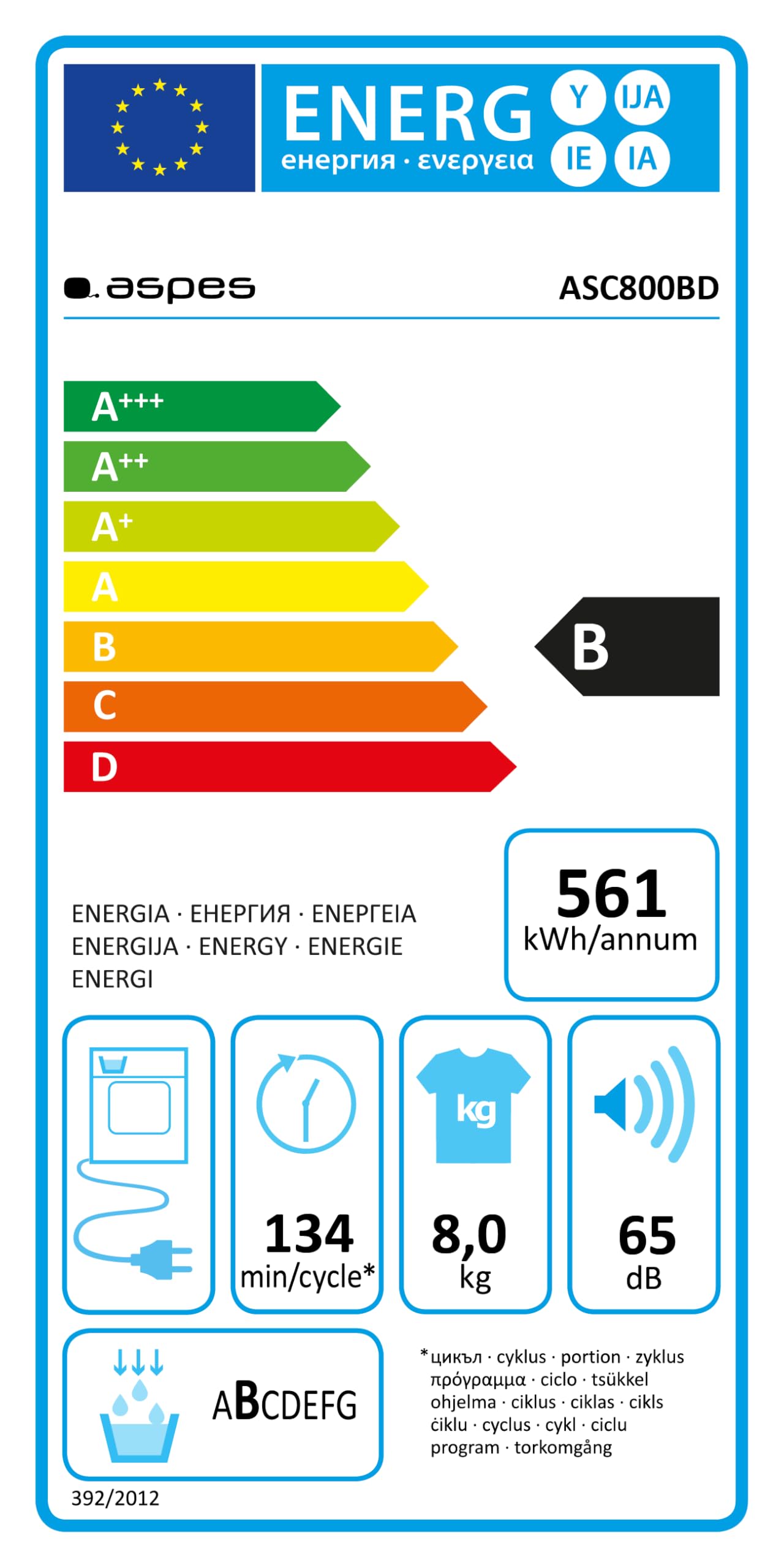 Aspes Secadora de Condensación 8Kg Carga Frontal Blanco ASC800BD. 2700W, 15 Programas, Función Antiarrugas, Función Antiarrugas, Display LED manual, Eficiencia Energética Clase B