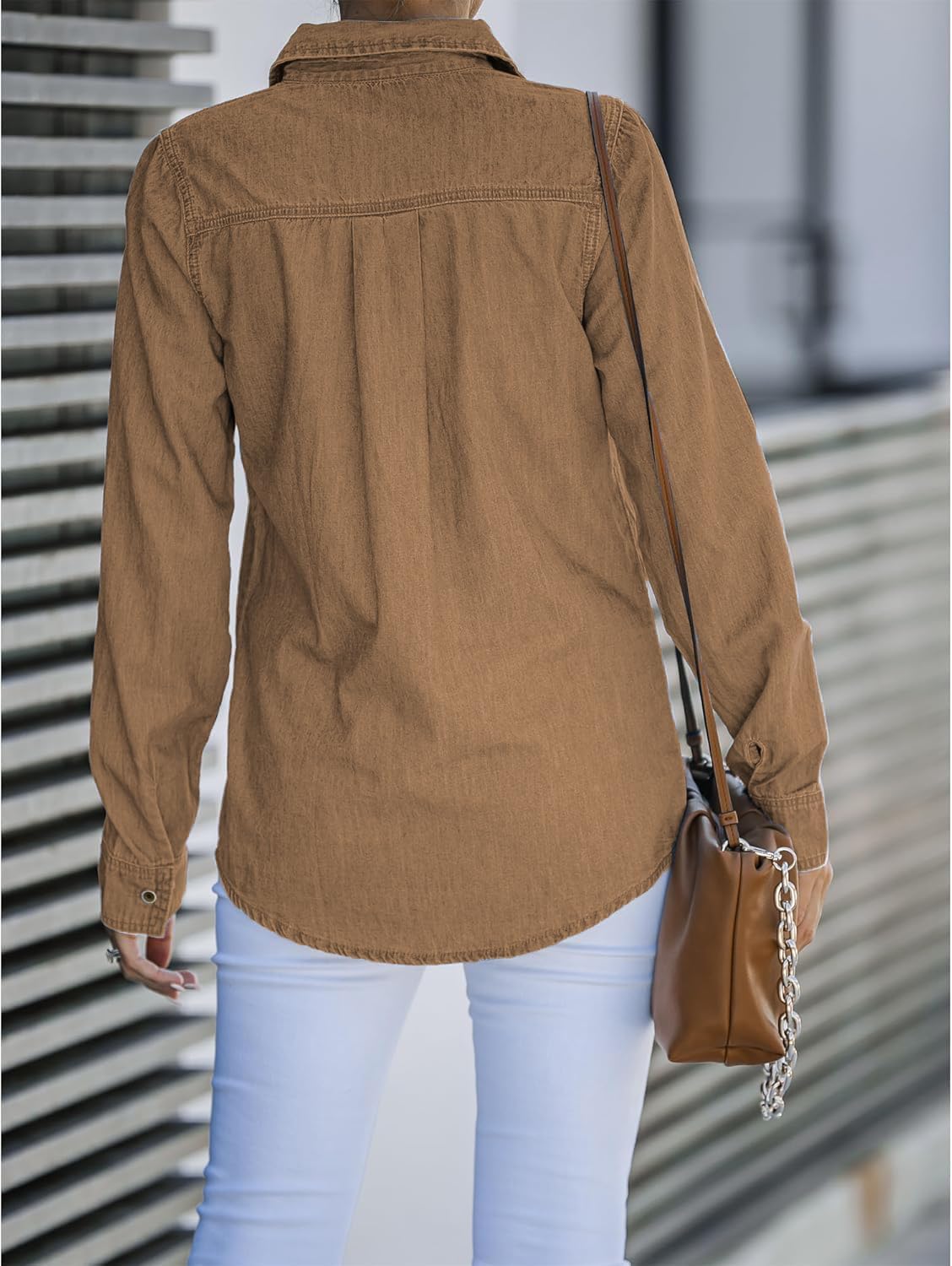 Denim Shirt Women Chambray Jean Western Shirts Long Sleeve Button Down Tops - Image 3