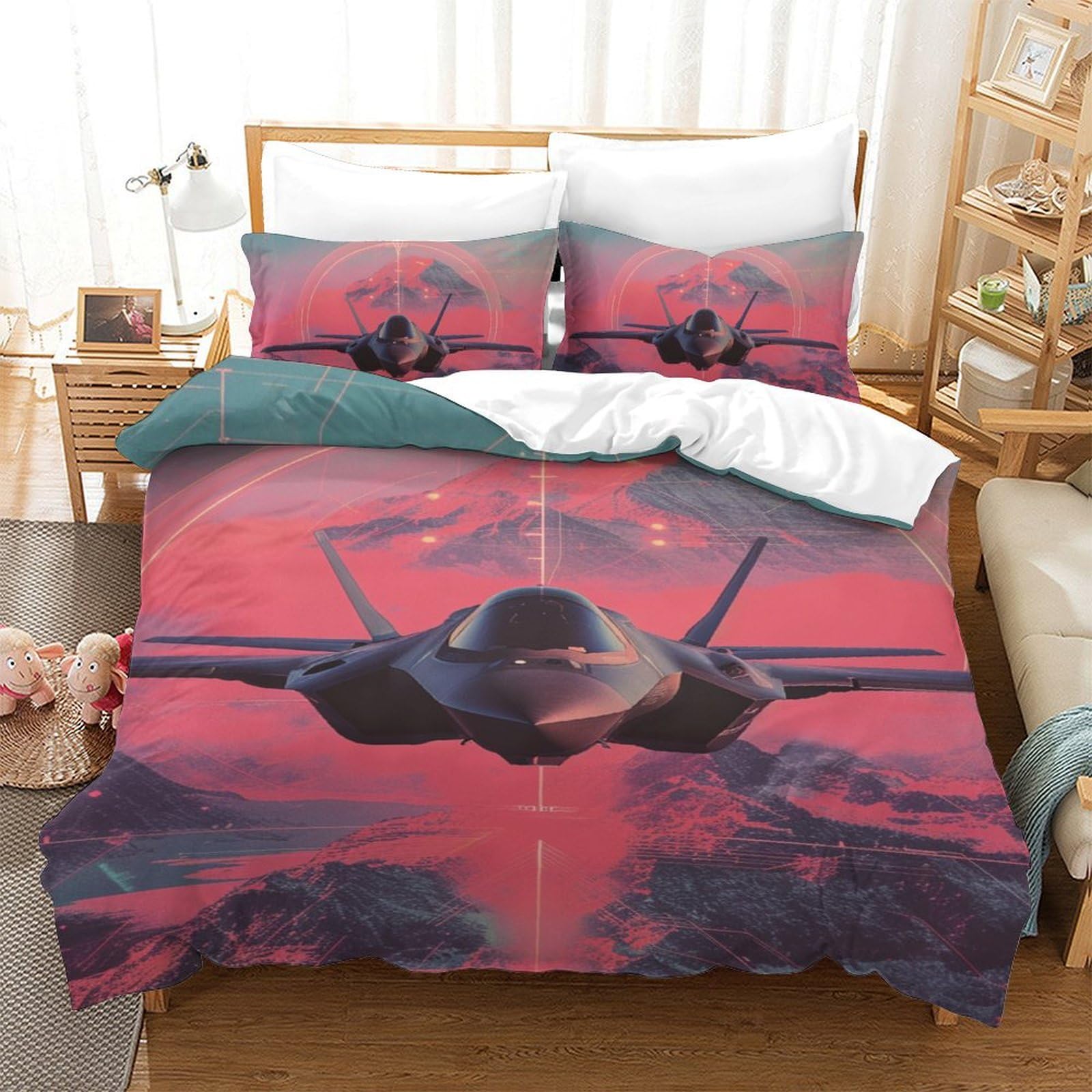 Housse de couette avion 3D pour chambre d'ado ensemble literie microfibre lit simple 140x200cm