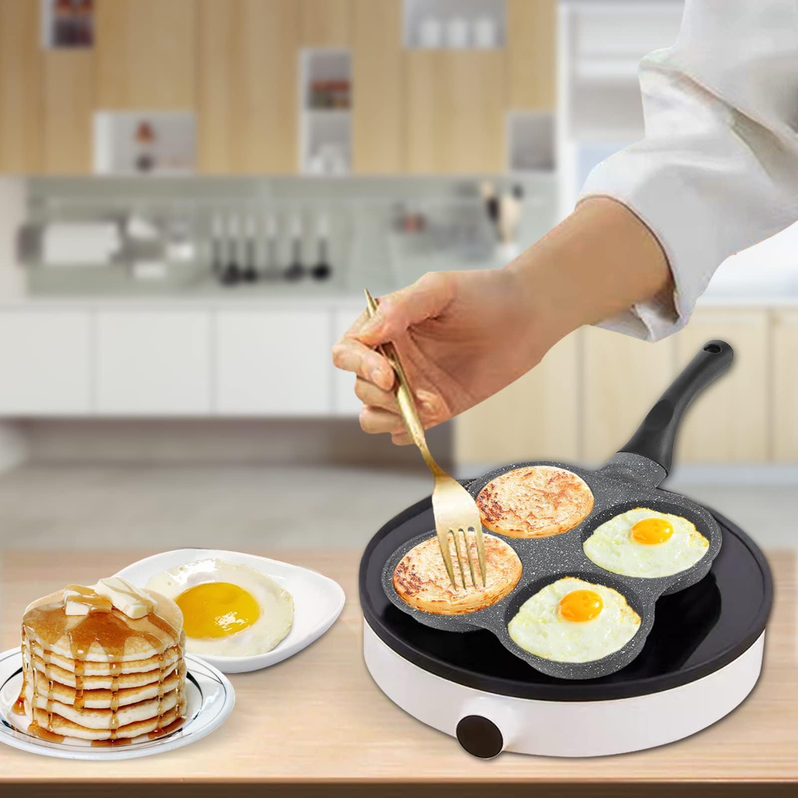 HERCHR Padella per Frittata a 4 Fori, Padella per uova in Alluminio antiaderente, Padelle in Alluminio per Burger, Padella Per Pancake Antiaderente Per Piano Cottura a Induzione, Fornello a Gas