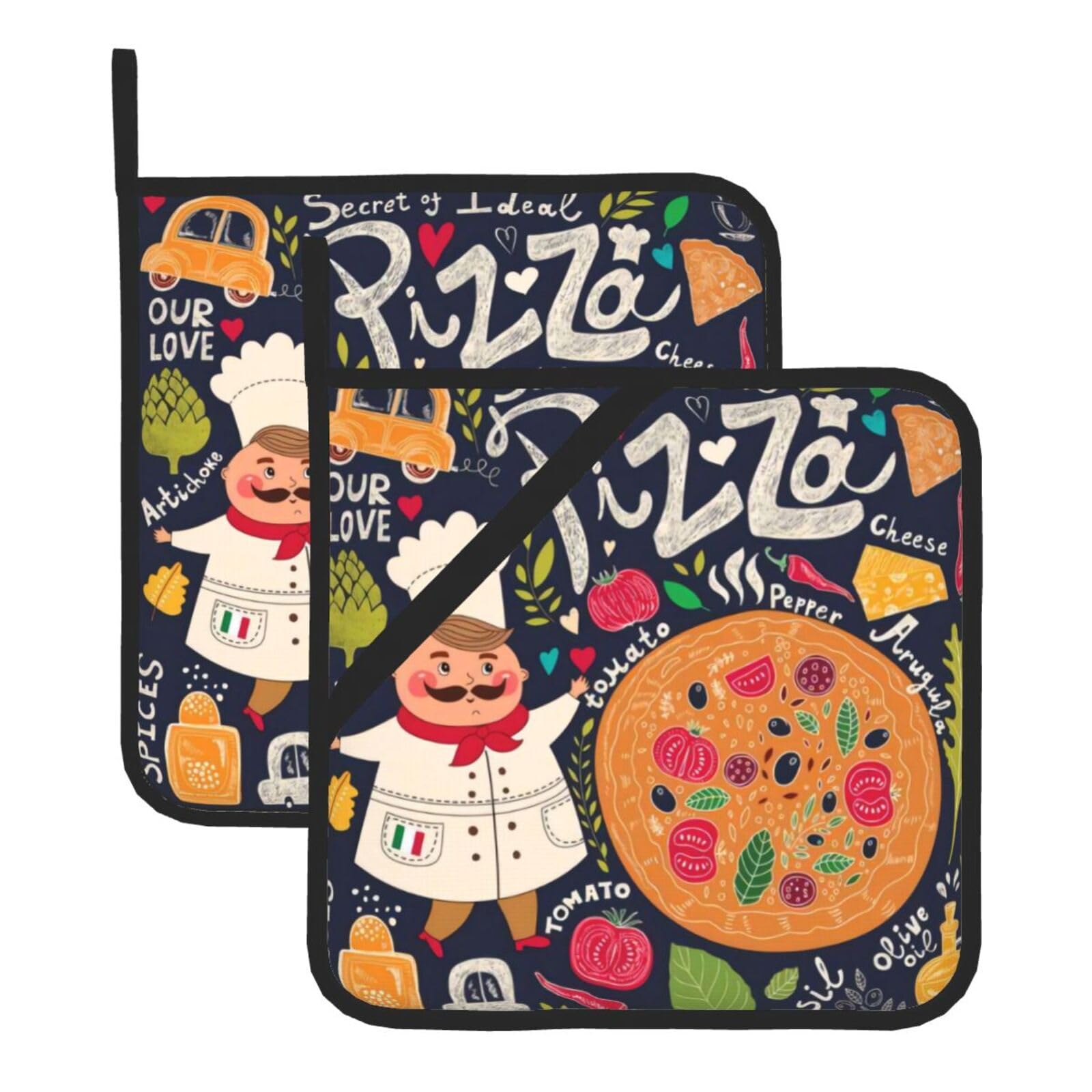 YYHWHJDE Chef Pizza Prints Square Hot Pads for Kitchen Counter - Waterproof Pot Holders with Hanging Loop, Durable Trivets for Microwave Oven - 2 Pack