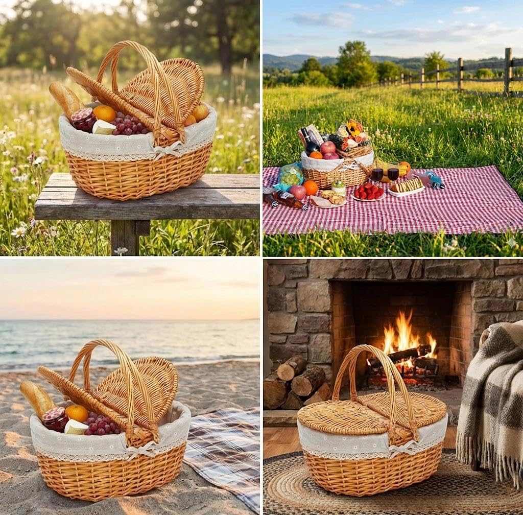 Cestino da picnic in vimini con coperchio, cestino per la spesa intrecciato con manico e fodera, per raccogliere verdure, campeggio, picnic (fiore bianco)