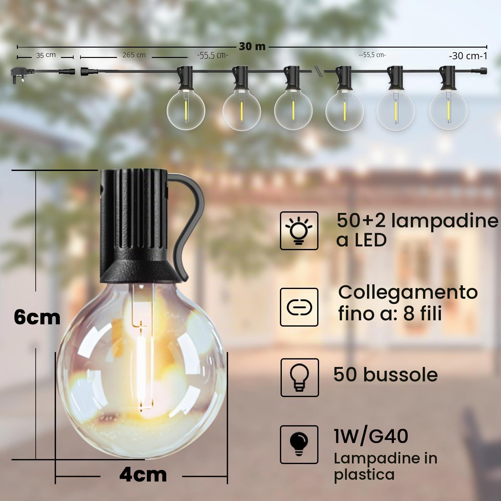 Svater Catena Luminosa Esterno, 2x30M G40 Luci da Esterno Giardino con 104 LED Plastica Lampadine, IP45 Impermeabile Catena di Lampadine da Esterno per Balcone Terrazzo Festa 2700K Bianco Caldo