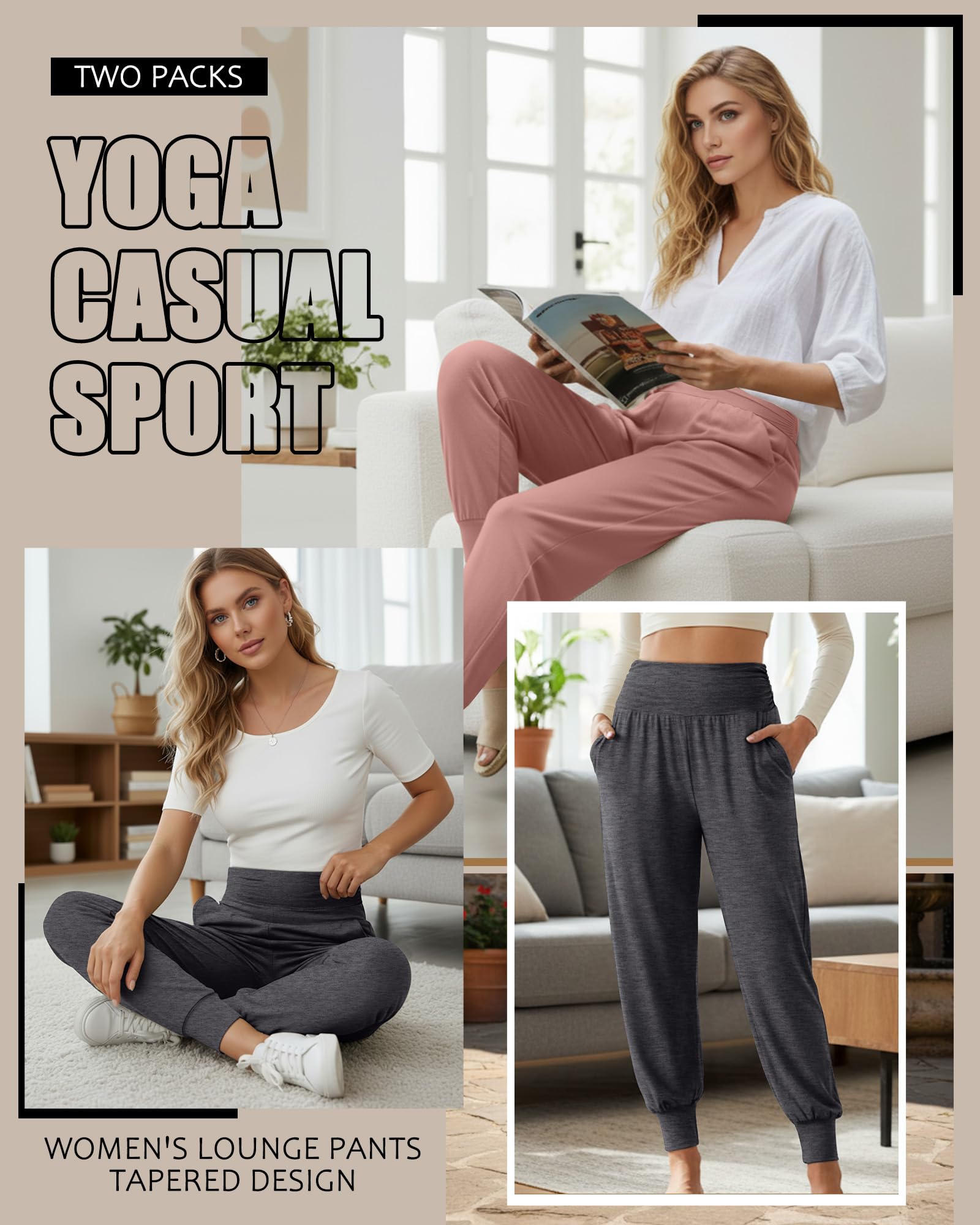 Tenare Lot de 2 Pantalons de Yoga Jogging Femme, Coupe Ample Décontractée avec Poches, Taille Haute Confortable