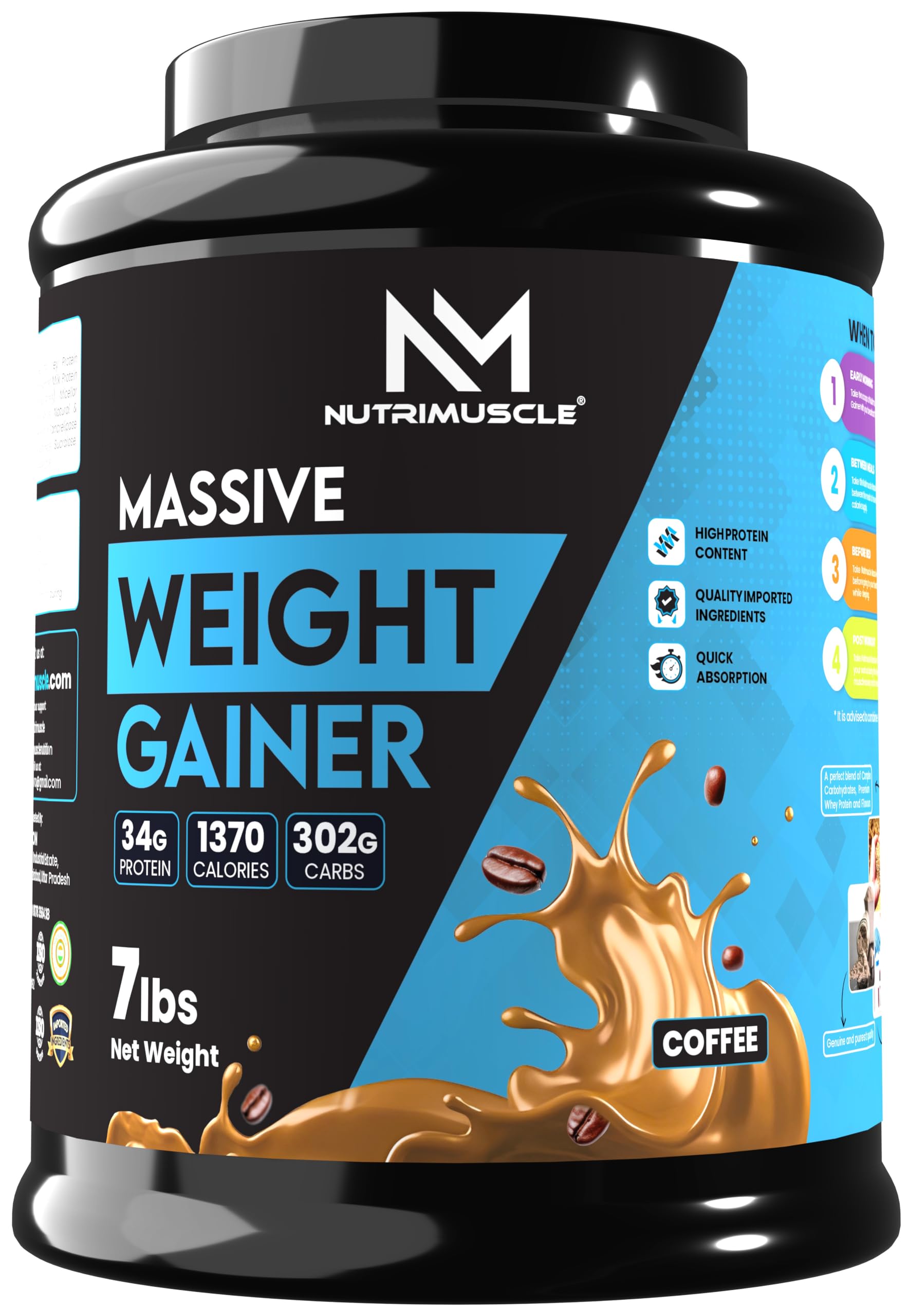 NUTRIMUSCLE MASSIVE WEIGHT GAINER - 7 LBS - 3.175 KGS - CHOCO LATTE FLAVOUR - FOR MUSCLE AND MASS GAIN - MADE IN INDIA