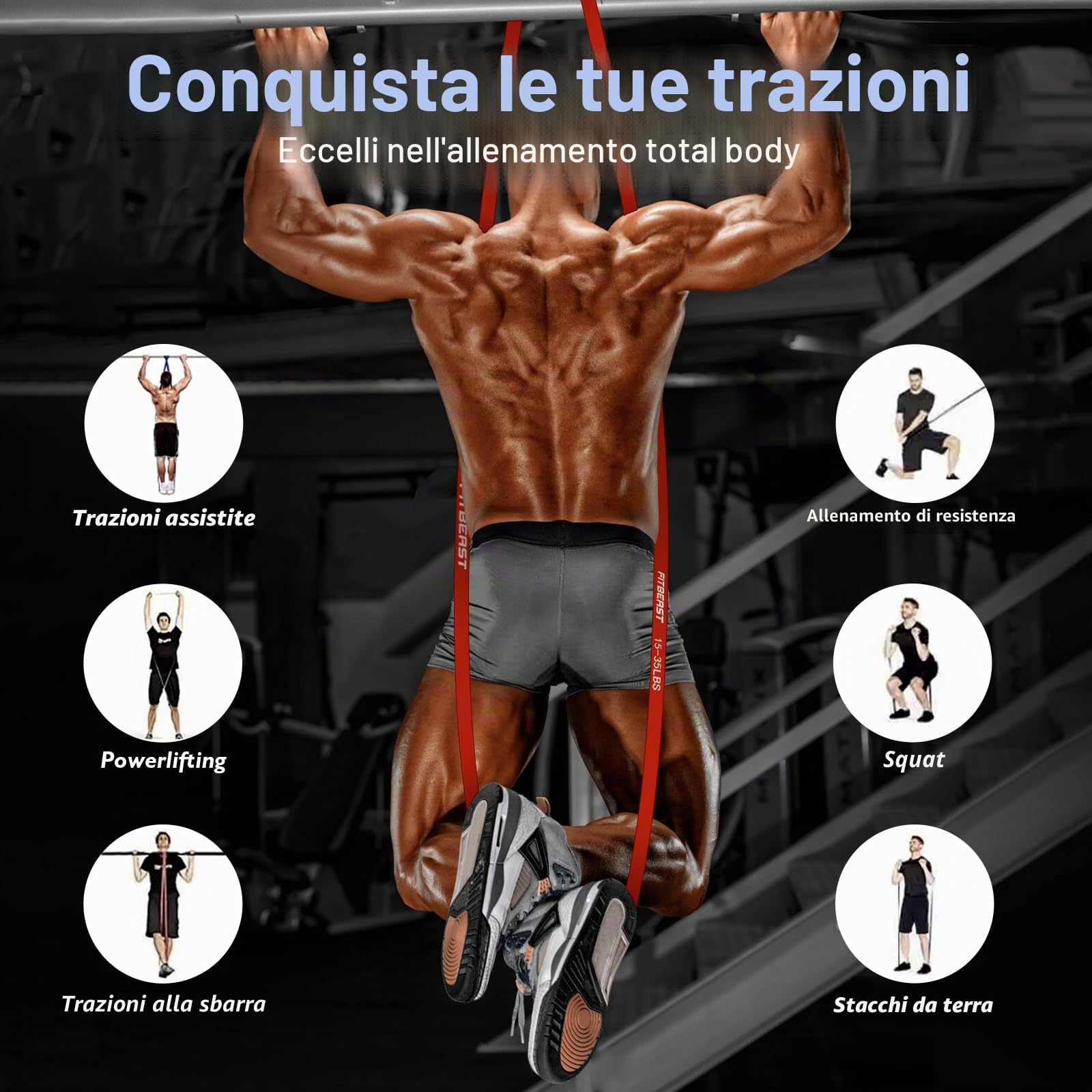 FitBeast Set di fasce di resistenza, 5 livelli per sollevamento pesi, costruzione muscolare, allenamento in palestra a casa, stretching, fasce elastiche con ancoraggio alla porta