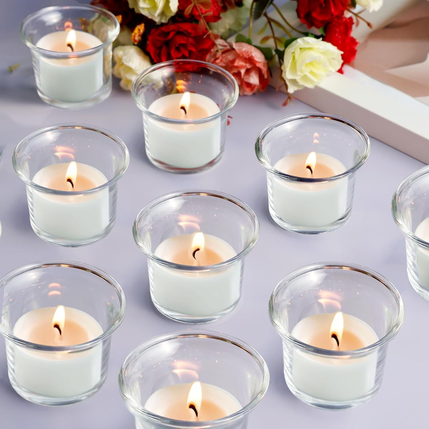 Preocea 24 Pack Tealight Candle Holder, Votive Candle Holder, Glass Candles Holders, Clear Tea Light Holders Bulk for Wedding Birthday Party Dinner Home Decor, Diameter of 4 Centimeters