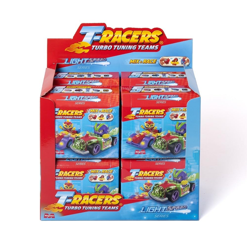 T-RACERS Seria Light Speed Car & Racer -Zestaw T-Racers. Samochód i kierowca do kolekcjonowania. Samochód składający się z części, które można wymieniać.Box zawiera 8 samochodów