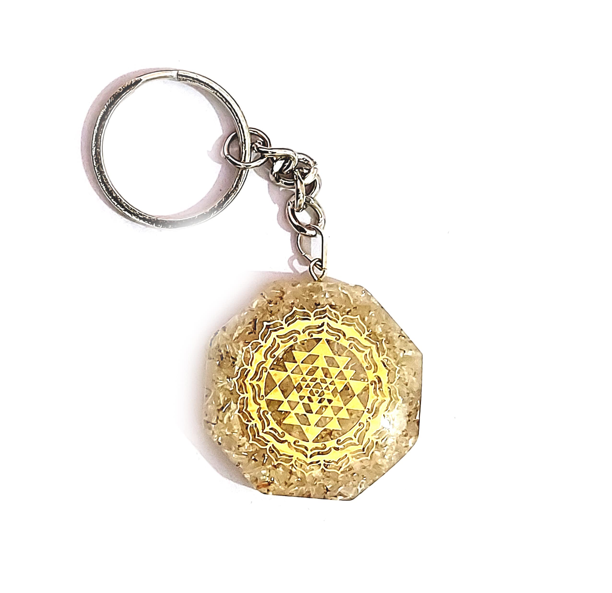 astroghar Shri yantra Laxmi Yantra Clear Quartz Crystal Chips in Orgone key Chain key Ring-picture-40