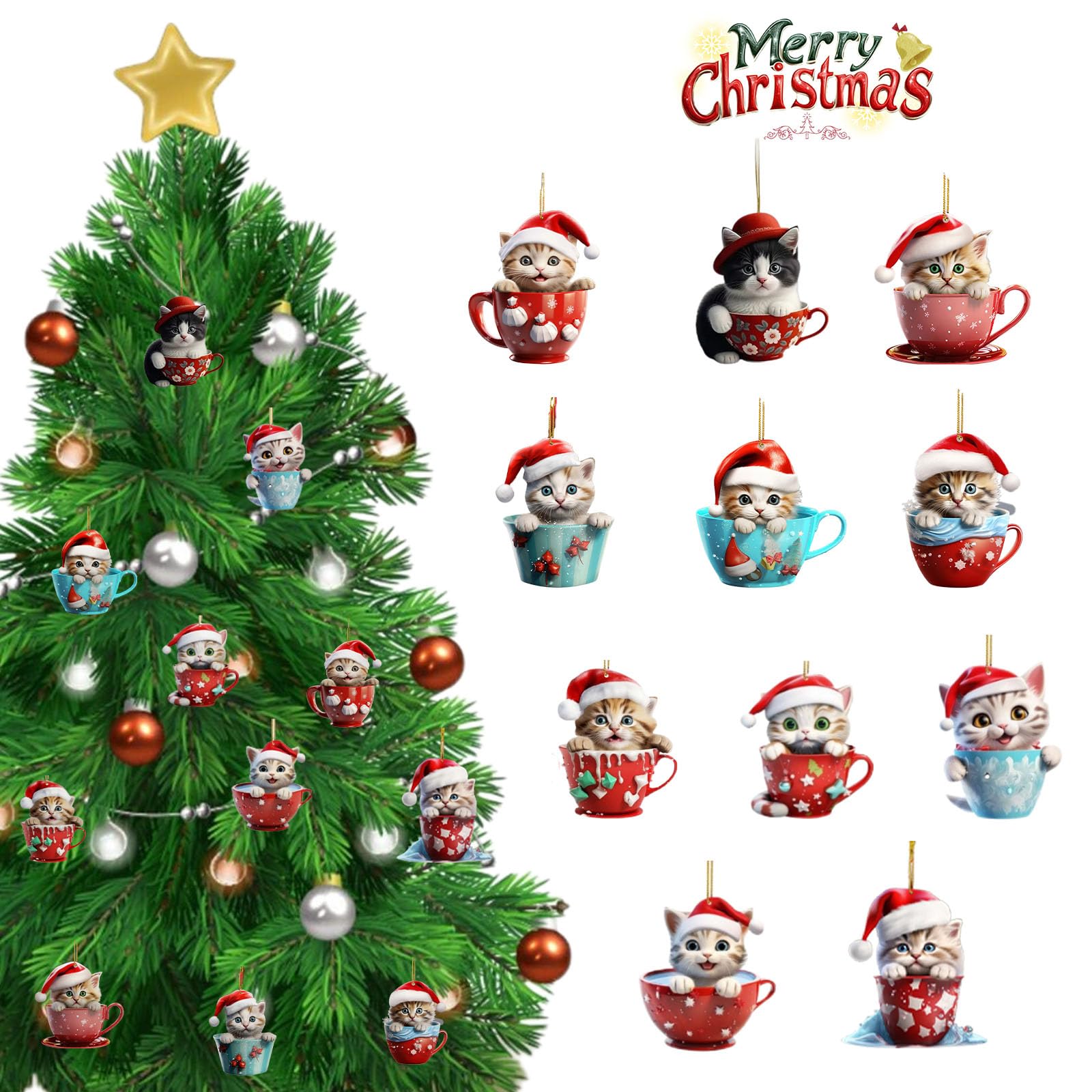 Décoration de Noël chat mignon en tasse : lot de 11 suspensions festives