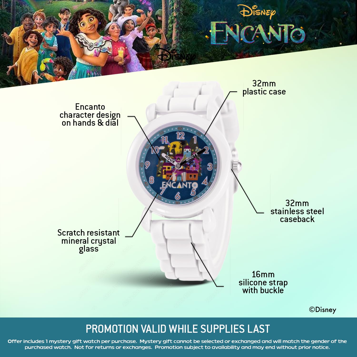 Disney Reloj Encanto para niños de 3 a 7 años con esfera clásica de personajes, regalo para niños que aman Encanto, cara fácil de leer, bisel blanco y correa de silicona blanca, compra y obtén 1 reloj