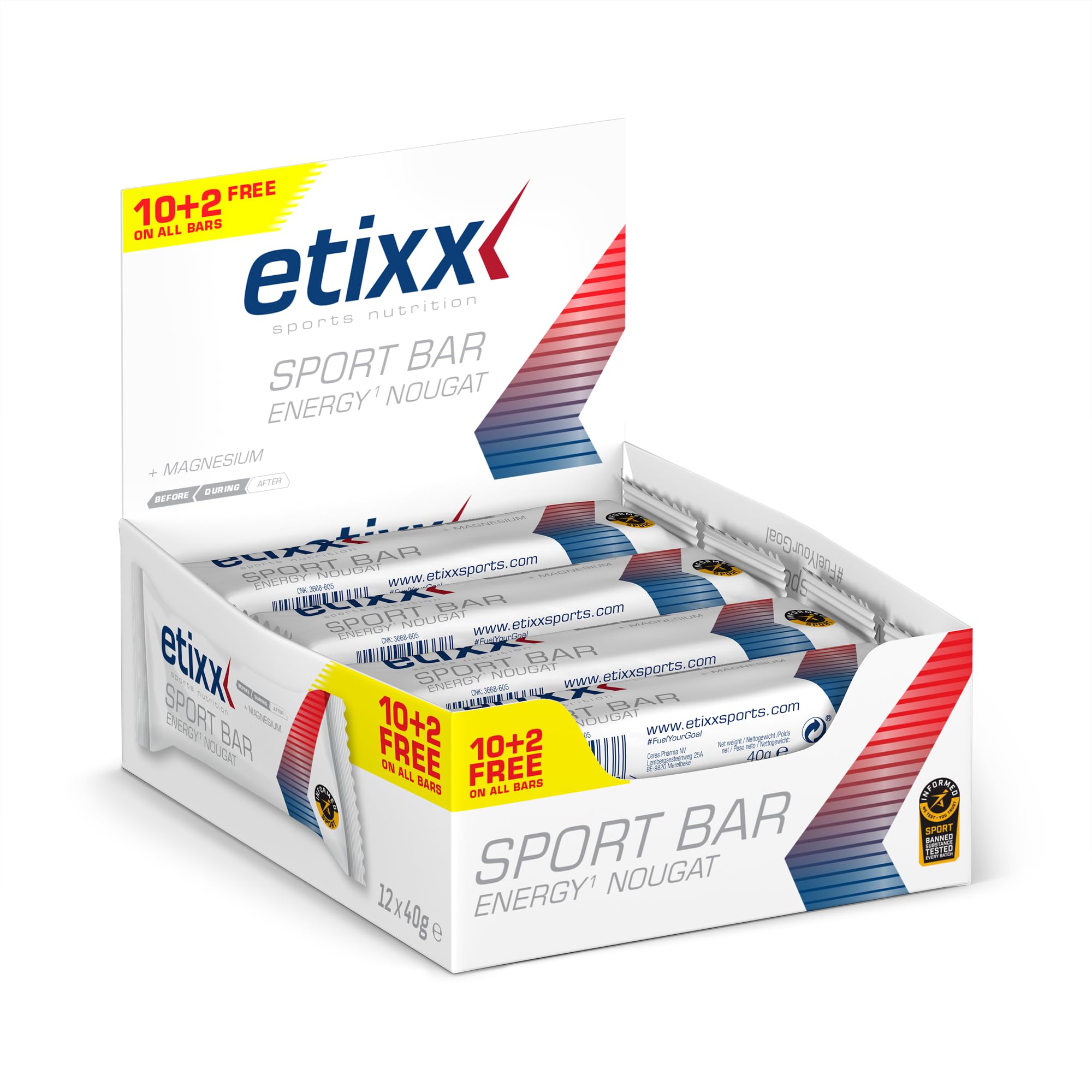 Etixx Energy Nougat Sport Bar - Barra Energética de Turrón para Deportistas, 12 x 40g - Fuente Rápida de Energía Durante el Ejercicio - Ideal para Resistencia y Actividades de Alta Intensidad