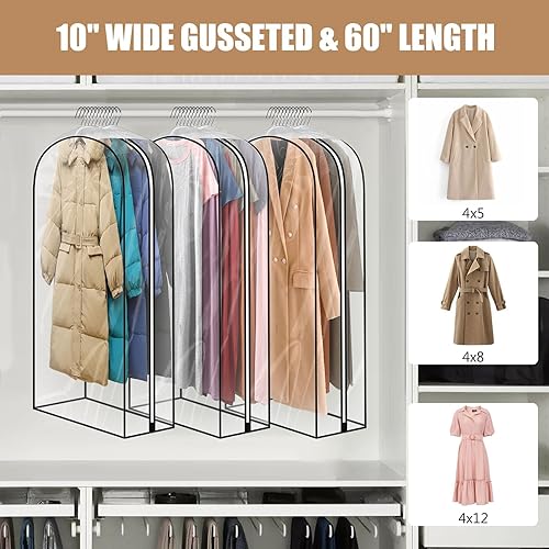 Miniatura 9 de Paquete de 5 bolsas de ropa transparentes de 60 pulgadas para colgar ropa, 10 pulgadas con fuelle de gran capacidad, bolsa de ropa colgante grande