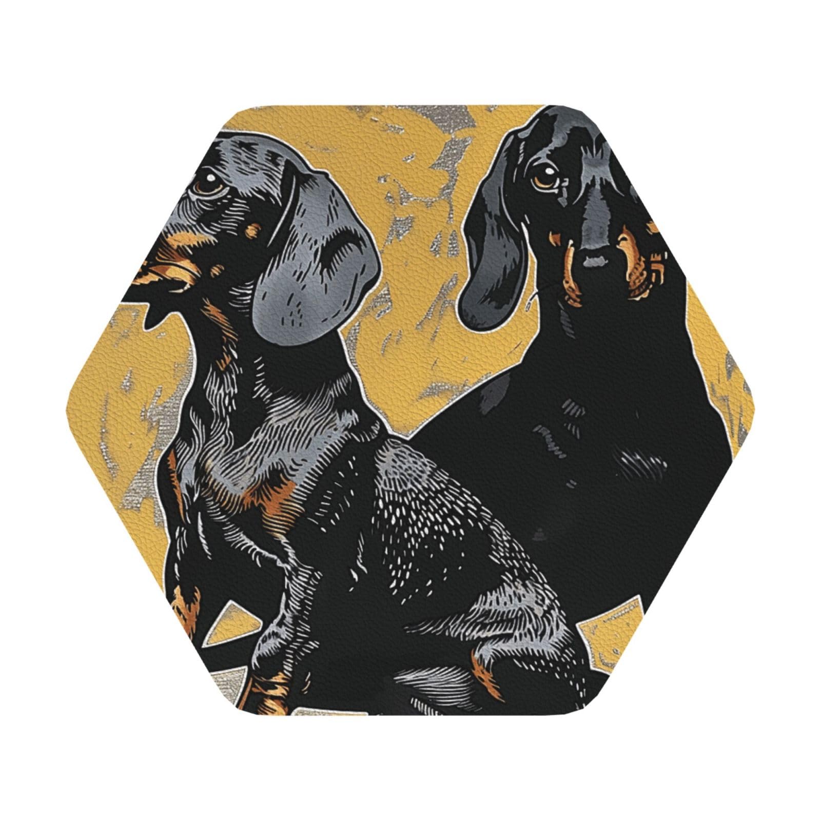 dachshund Print Leather Coaster Set of 6, Hexagon Coasters Table Decorative Coffee Cup Beverage Coasters Wine Beer Bar Coasters for Hot Drinks Table Protection