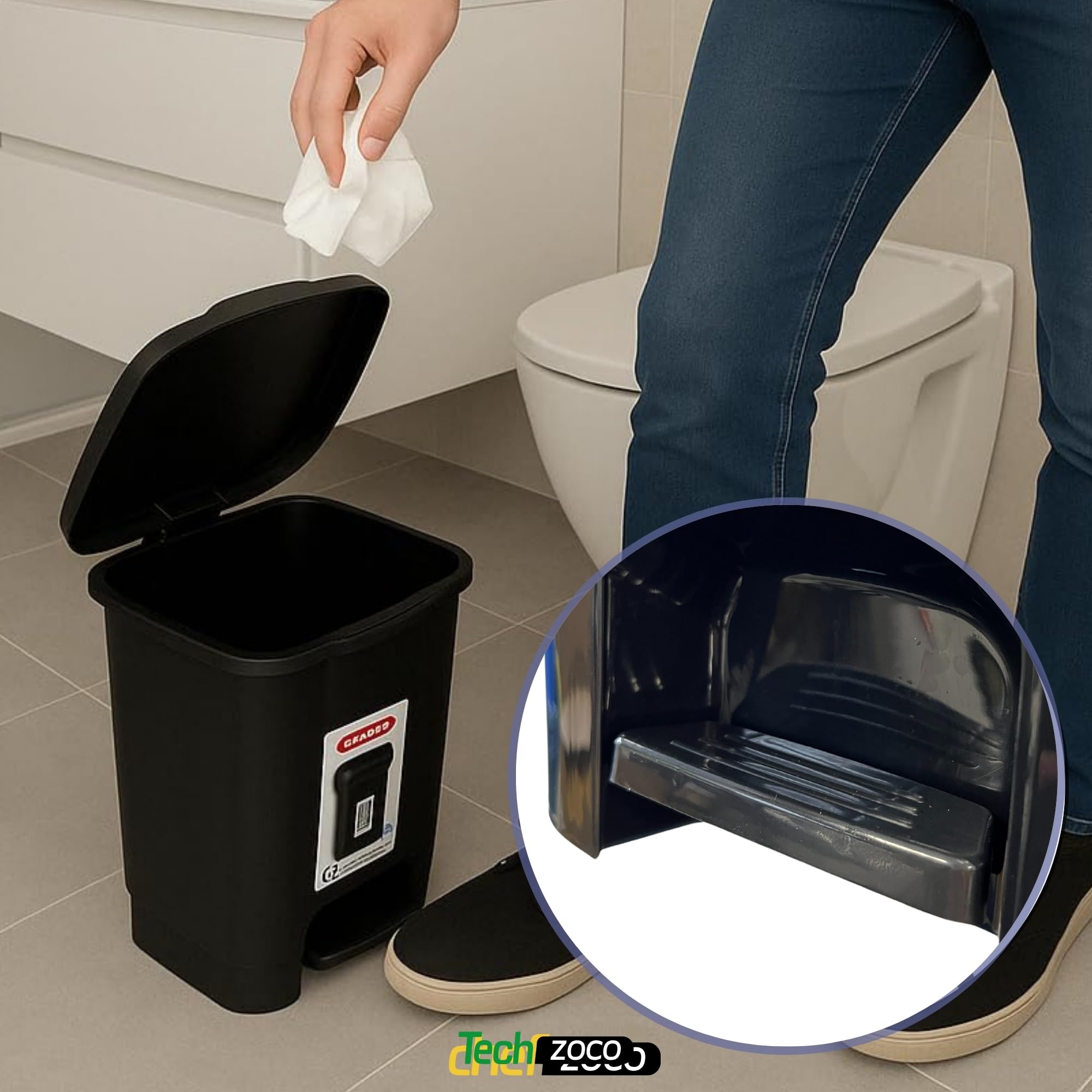 TECHZOCO Cubo basura plástico, Cubo basura apertura pedal, Papelera de pedal, cubo de Pedal, Basura para baño, Libre de BPA, 25.5 cm alto x 24 cm ancho x 22 cm fondo, Capacidad 7.5 Litros, Negro
