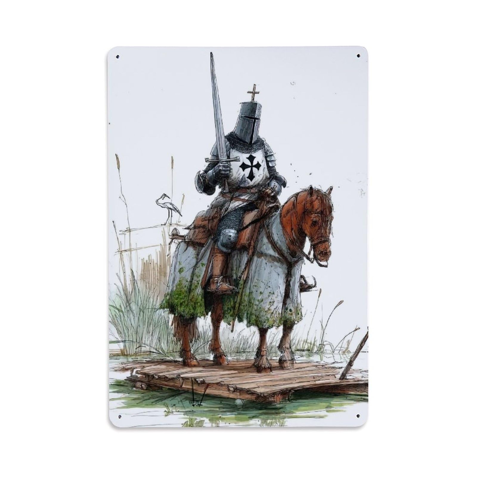 Templar Knight Sacred Chivalry Crusader Medieval Vintage Metal Tin Sign Plaque Wall Decor for Cafe, Man Cave, Club Bar, Office, Home Garden Round Metal Poster 8x12Inch