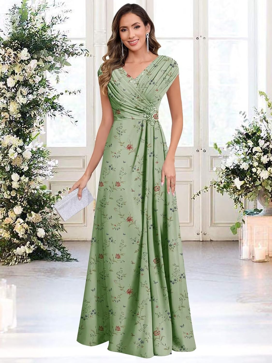 GUKARLEED Women’s Cap Sleeve Pleated Mother of The Bride Dresses Chiffon Lace Appliques V Neck Wedding Guest Formal Dress - Image 4