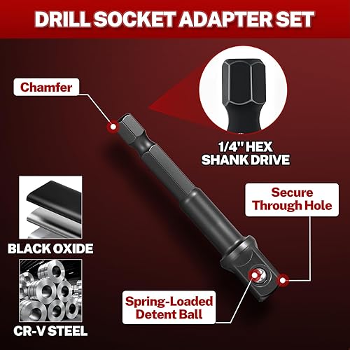 Miniatura 9 de BILITOOLS Juego de Adaptadores de Dados de 17 Piezas incluye Reductor, Juego de Dados de Junta Universal, Adaptador de Taladro 1/4" 3/8" 1/2"
