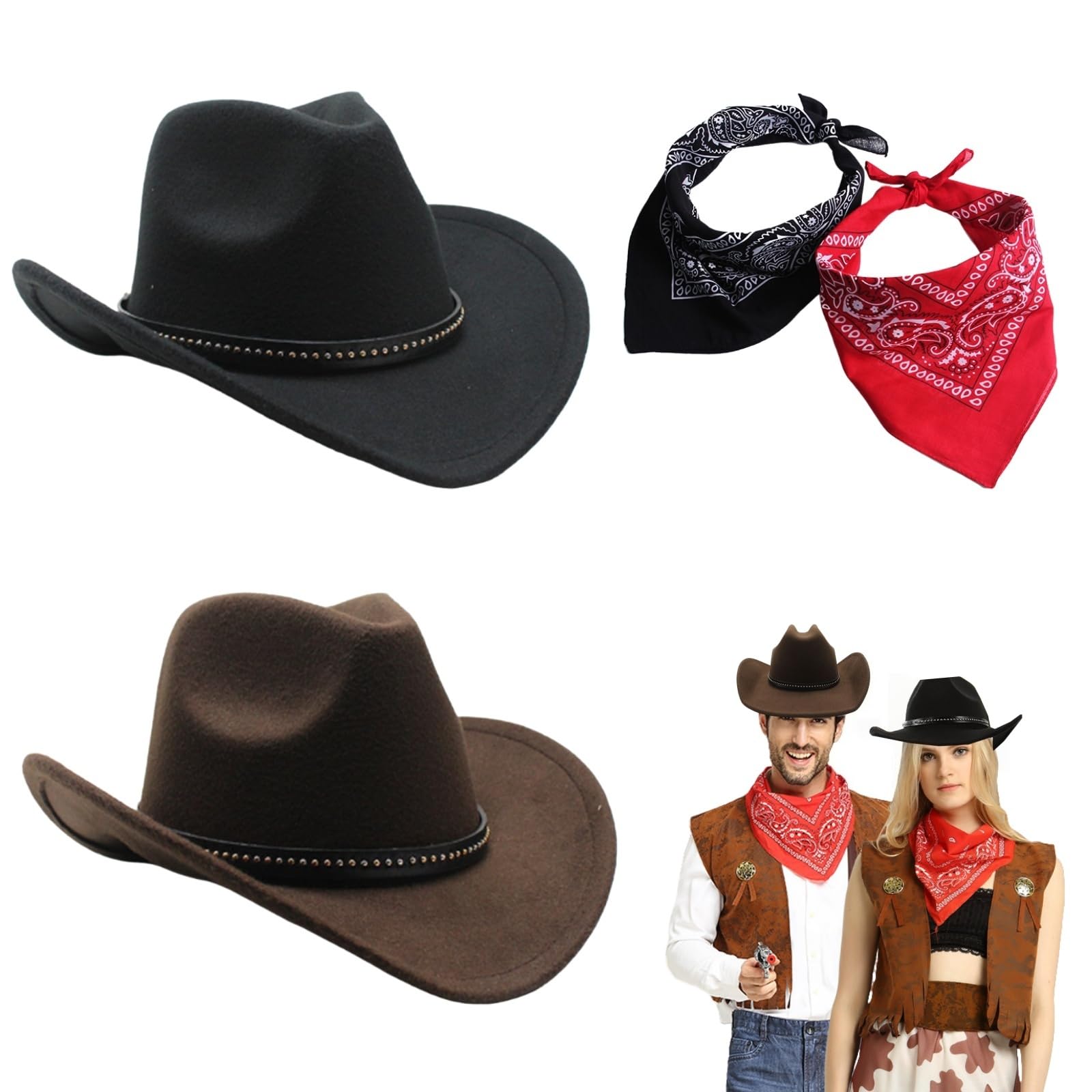 2PCS Cowboy Hats, Felt Western Hats, Cowgirl Hat, Black Brown Western Cowboy Hats Fancy Dress Cowgirl Hats with 2 Bandana Scarf for Women Men Halloween Cosplay Party